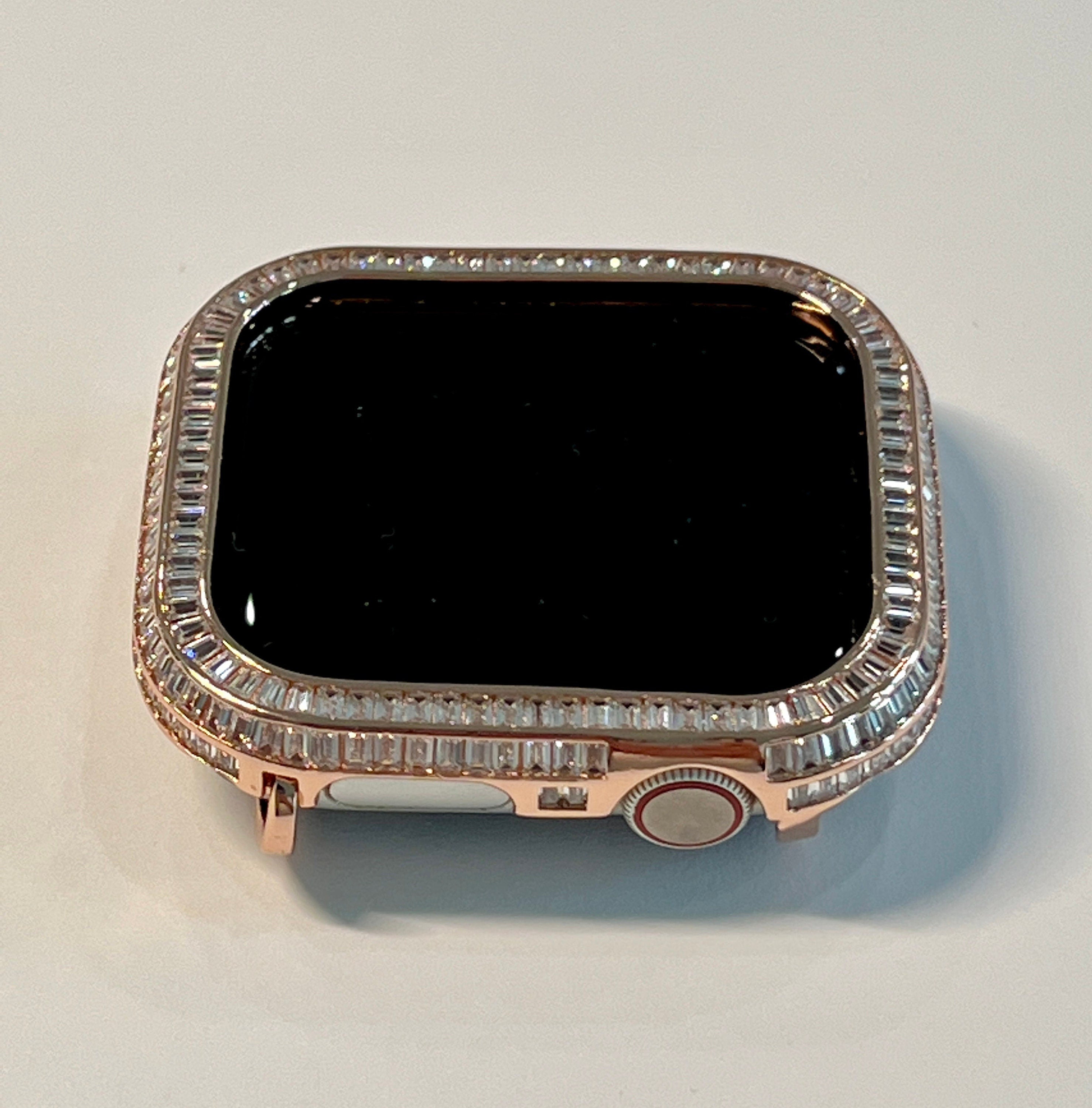 Apple Watch Bezel Cover 40mm 41mm 44mm45mm with 3 Rows Lab Diamond Baguettes in 14k Rose Gold Plated Metal, Smartwatch Bumper