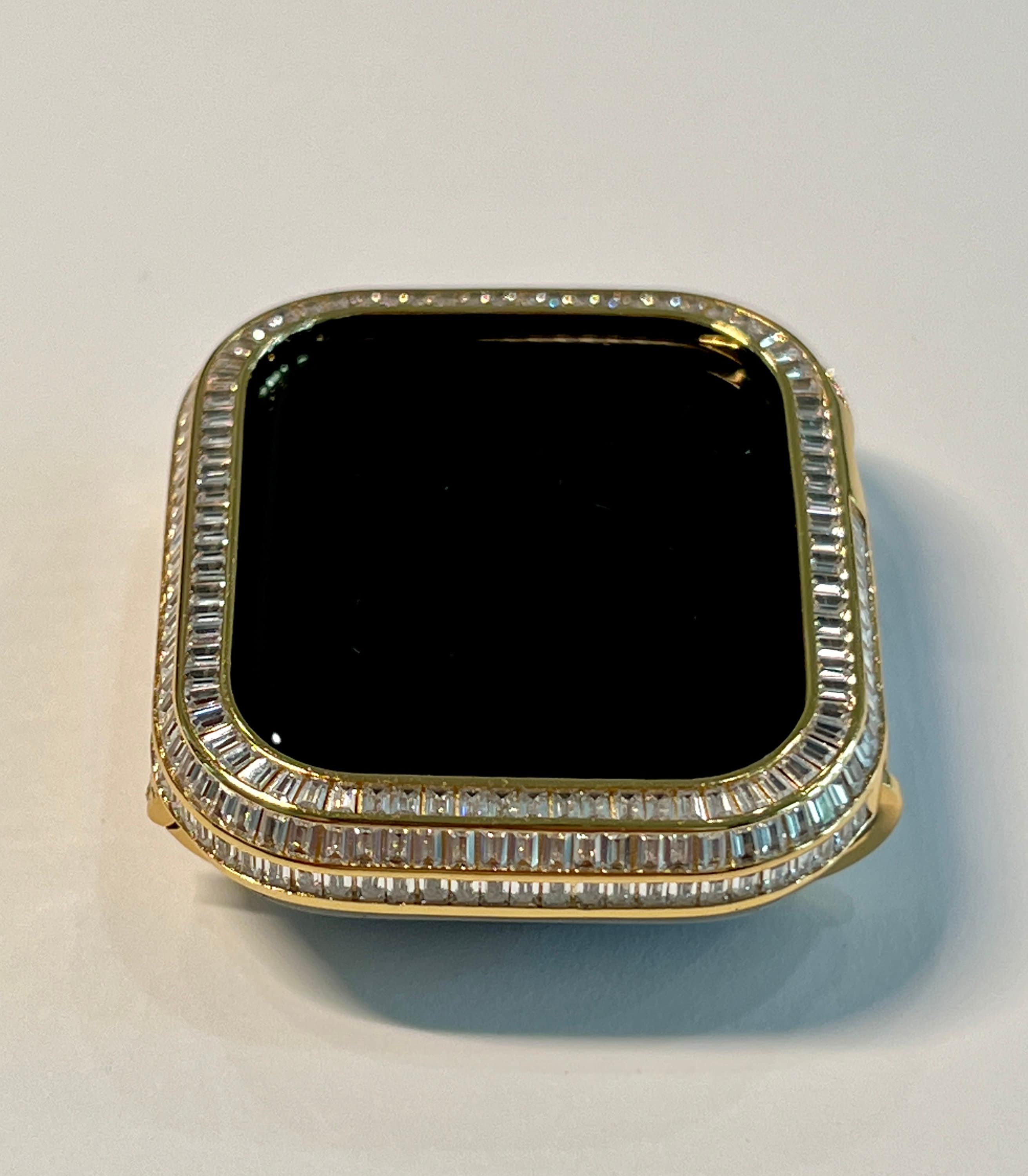 Designer Apple Watch Lab Diamond Bezel Cover Gold 40mm 41mm 44mm 45mm with 3 Rows of Baguettes Smartwatch Bumper Bling