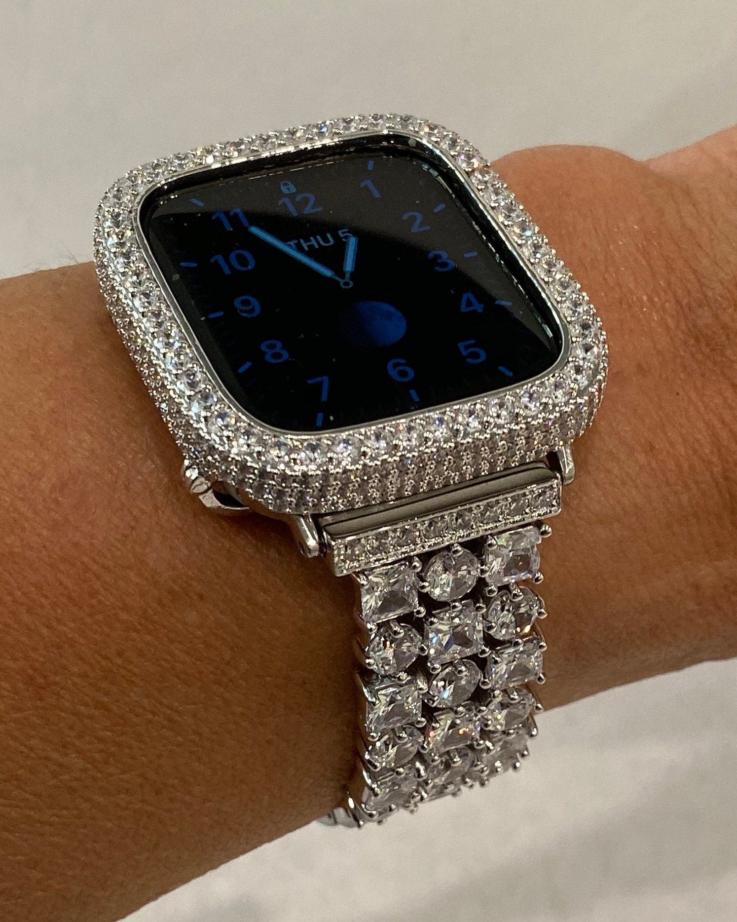 Apple Watch Band 49mm Ultra Silver Swarovski Crystals & or Apple Watch Cover Lab Diamond Bezel Case 38mm-46mm Iwatch Candy Series 10