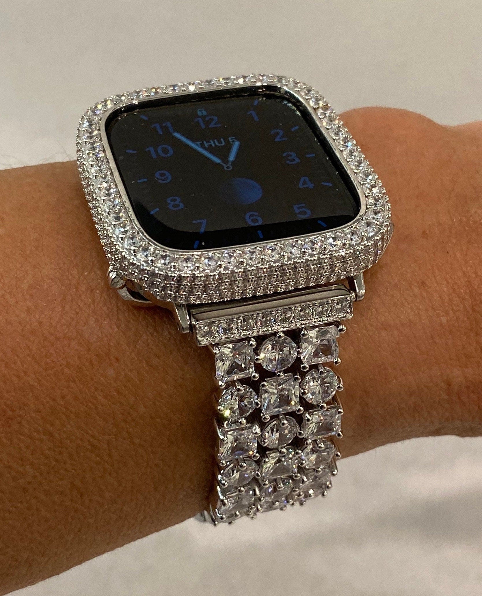 Apple Watch Band 49mm Ultra Silver Swarovski Crystals & or Apple Watch Cover Lab Diamond Bezel Case 38mm-46mm Iwatch Candy Series 10