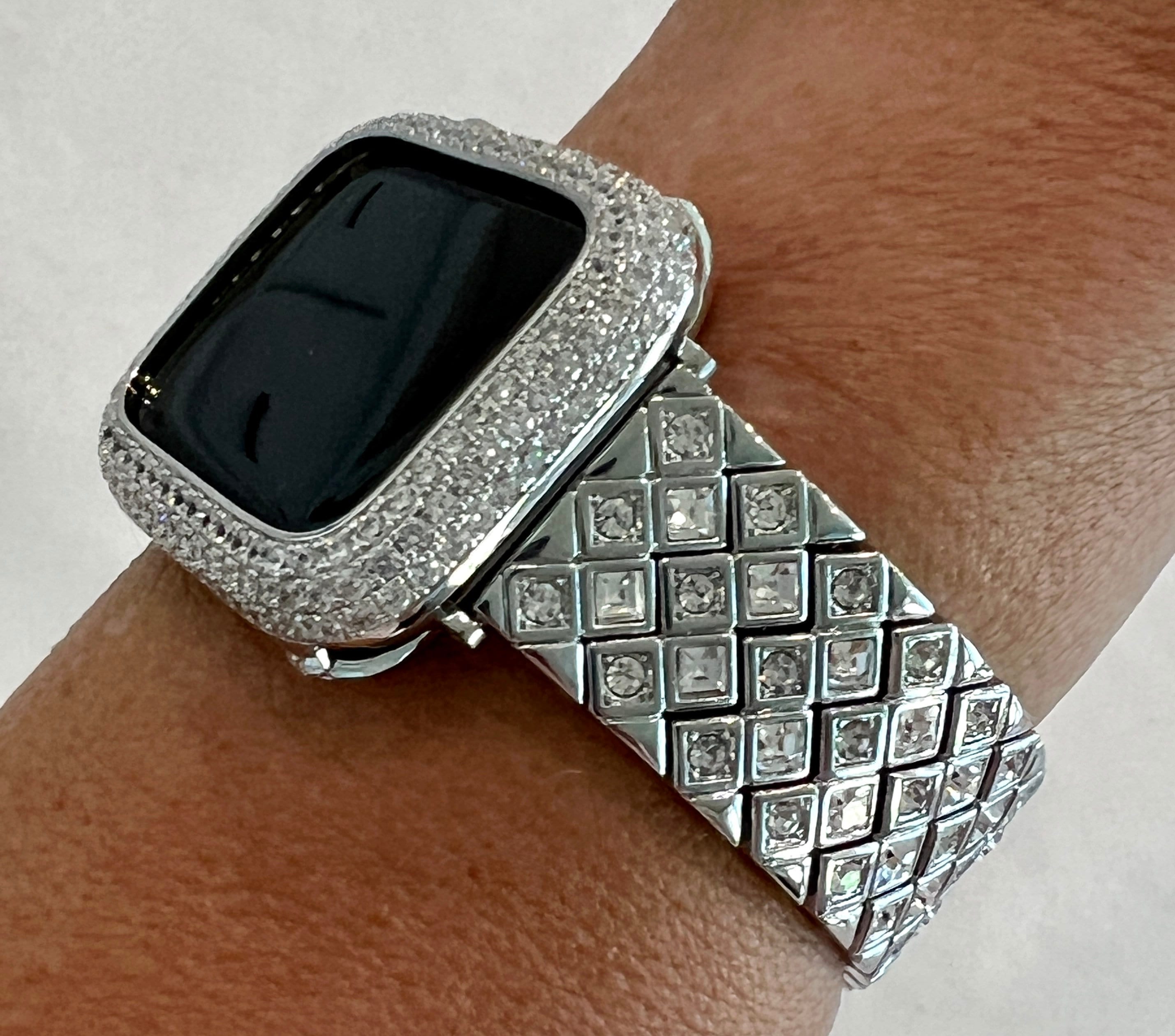 Apple Watch Band Women, Iphone Watch Band Silver Large Crystals & or Apple Watch Case Lab Diamond Bezel, Iphone Watch Cover Bling