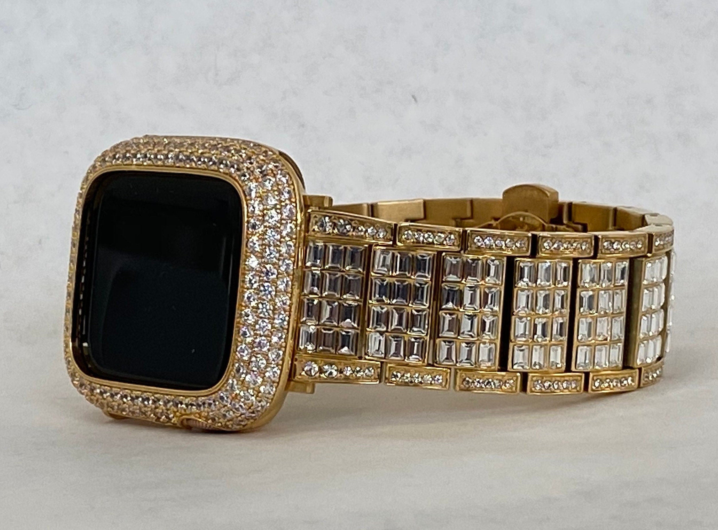 Designer Gold Apple Watch Band 49mm Ultra Mens Swarovski Crystal & or Apple Watch Case Lab Diamond Bezel Apple Watch Cover 38mm-45mm