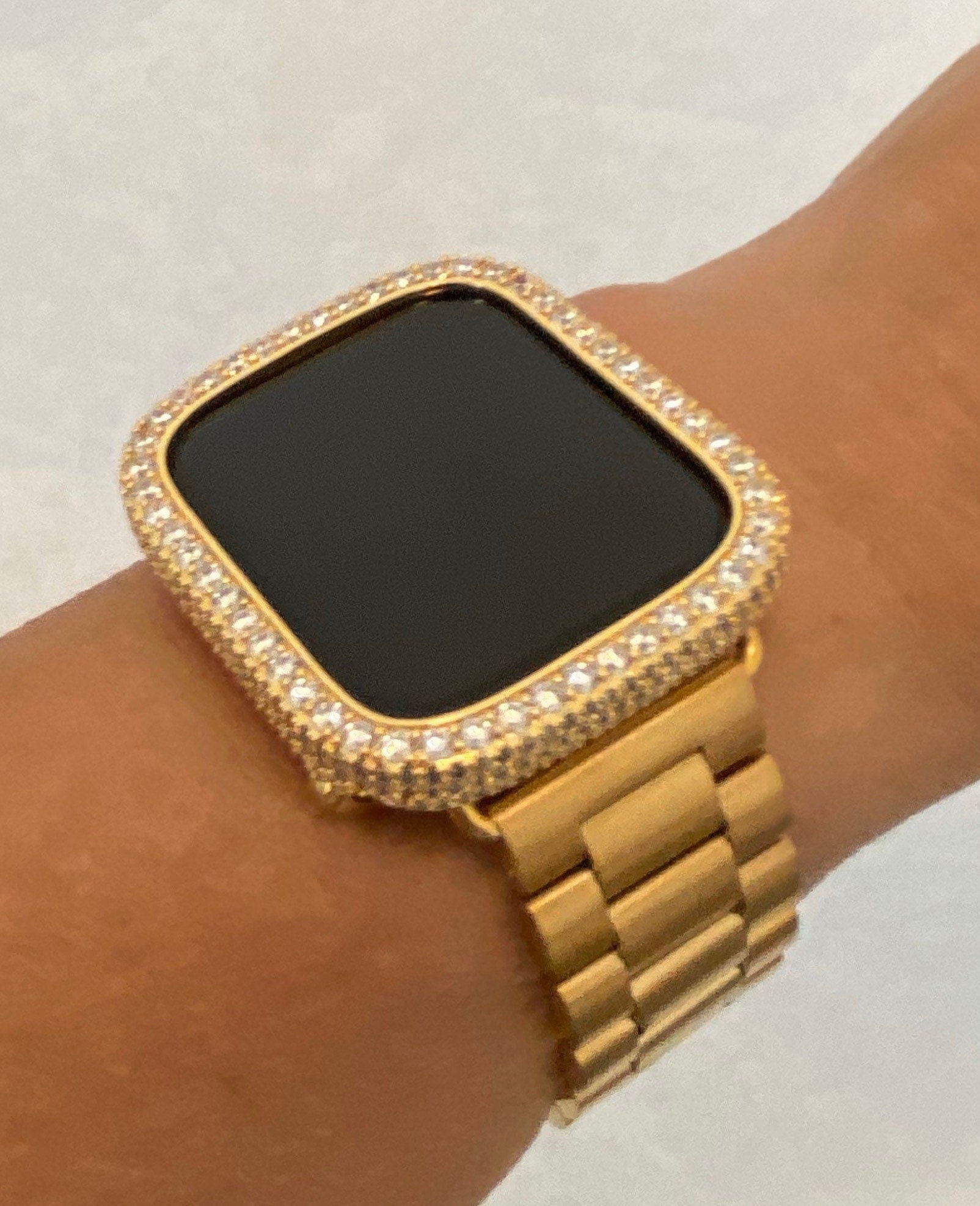 Custom Apple Watch Band Gold Stainless 38mm-49mm Ultra & or Iced Out Lab Diamond Bezel Cover Gift for Him Series 11