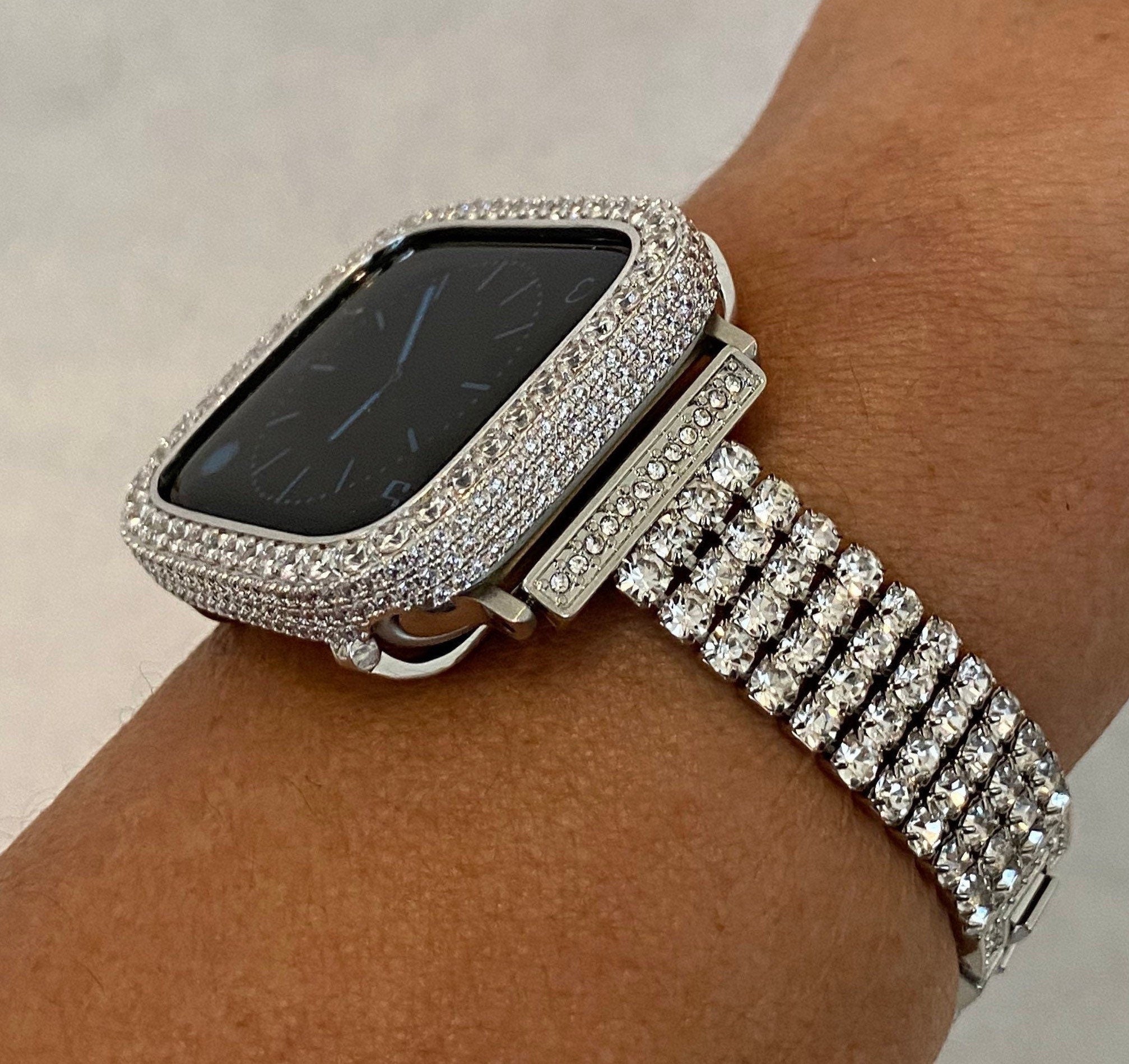 Swarovski Crystal Apple Watch Band Womens Silver Bracelet & or Apple Watch Case Lab Diamond Bezel Iphone Watch Cover 38mm-49mm Ultra Bling