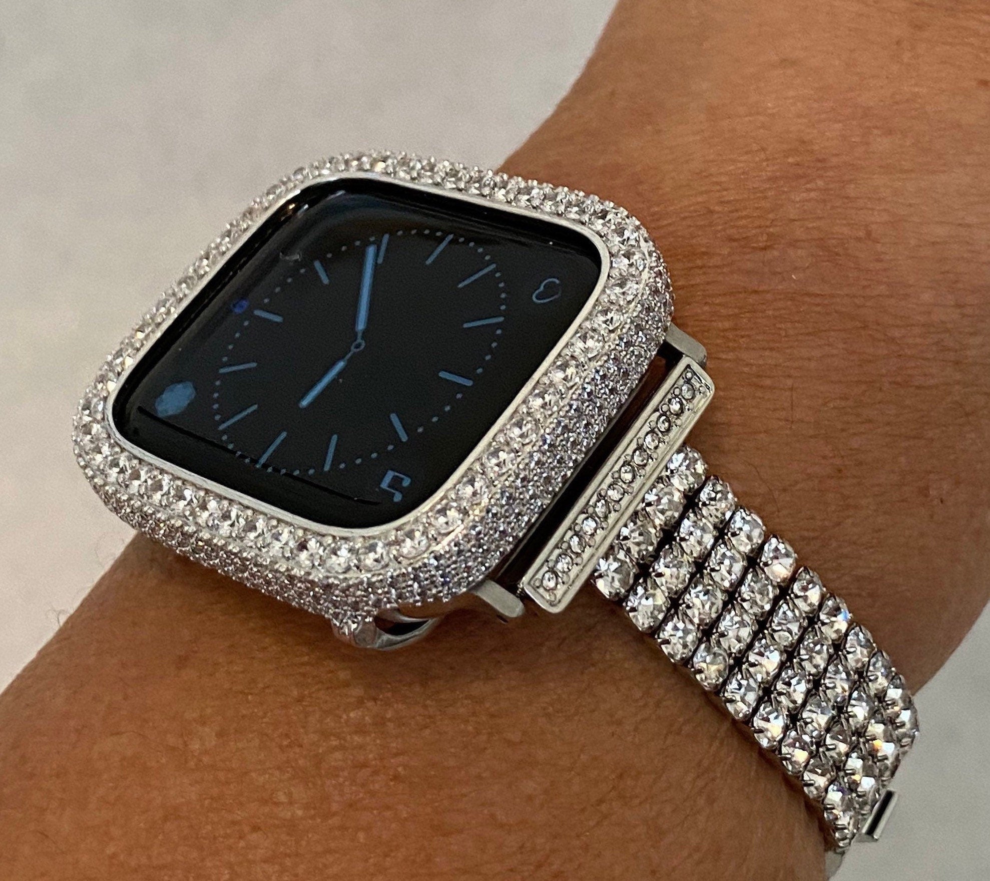 Swarovski Crystal Apple Watch Band Womens Silver Bracelet & or Apple Watch Case Lab Diamond Bezel Iphone Watch Cover 38mm-49mm Ultra Bling