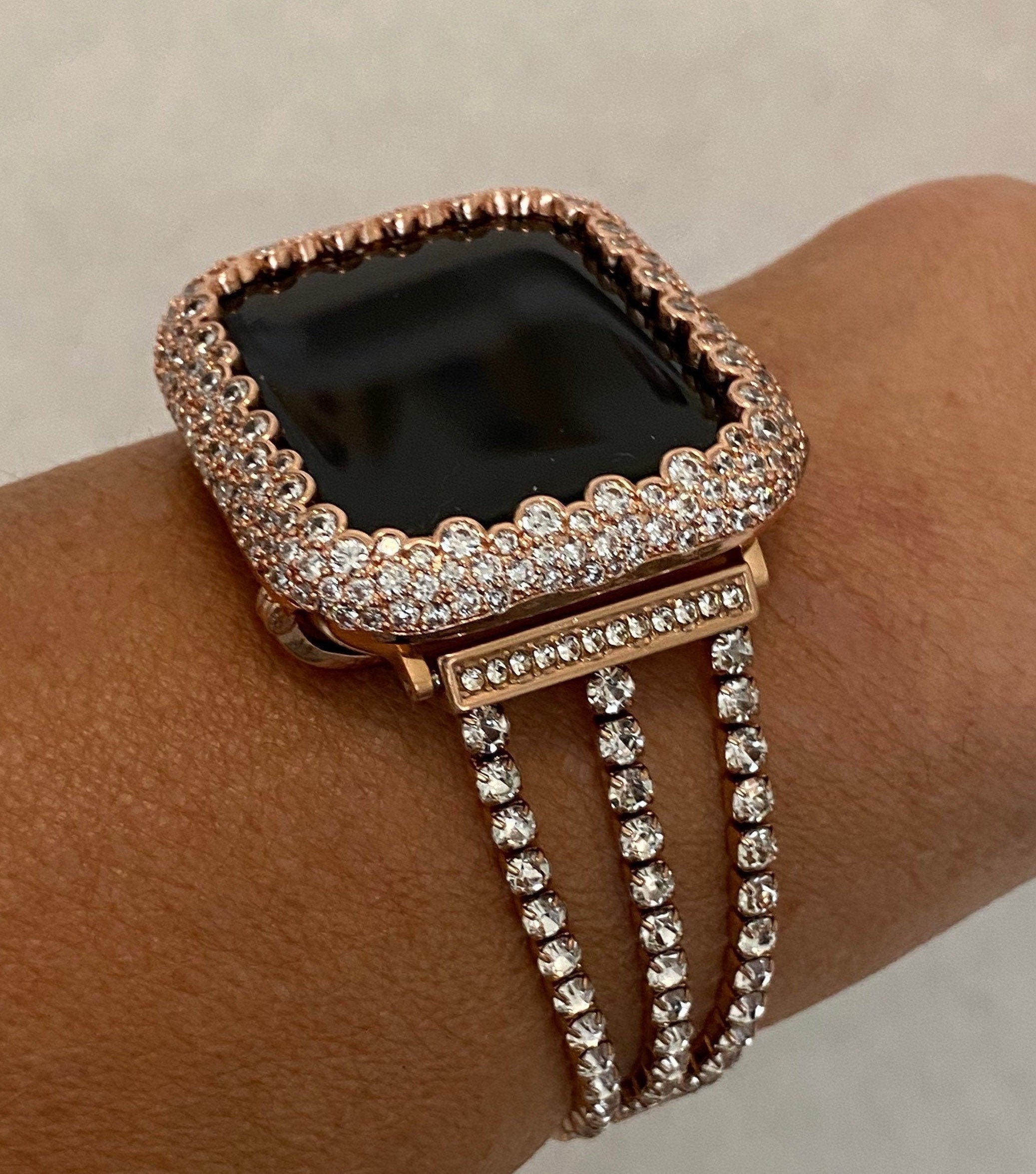 Rose Gold Apple Watch Band Bracelet Womens Swarovski Crystal & or Apple Watch Cover for Iphone Watch Lab Diamond Bezel 38mm-49mm Ultra Bling