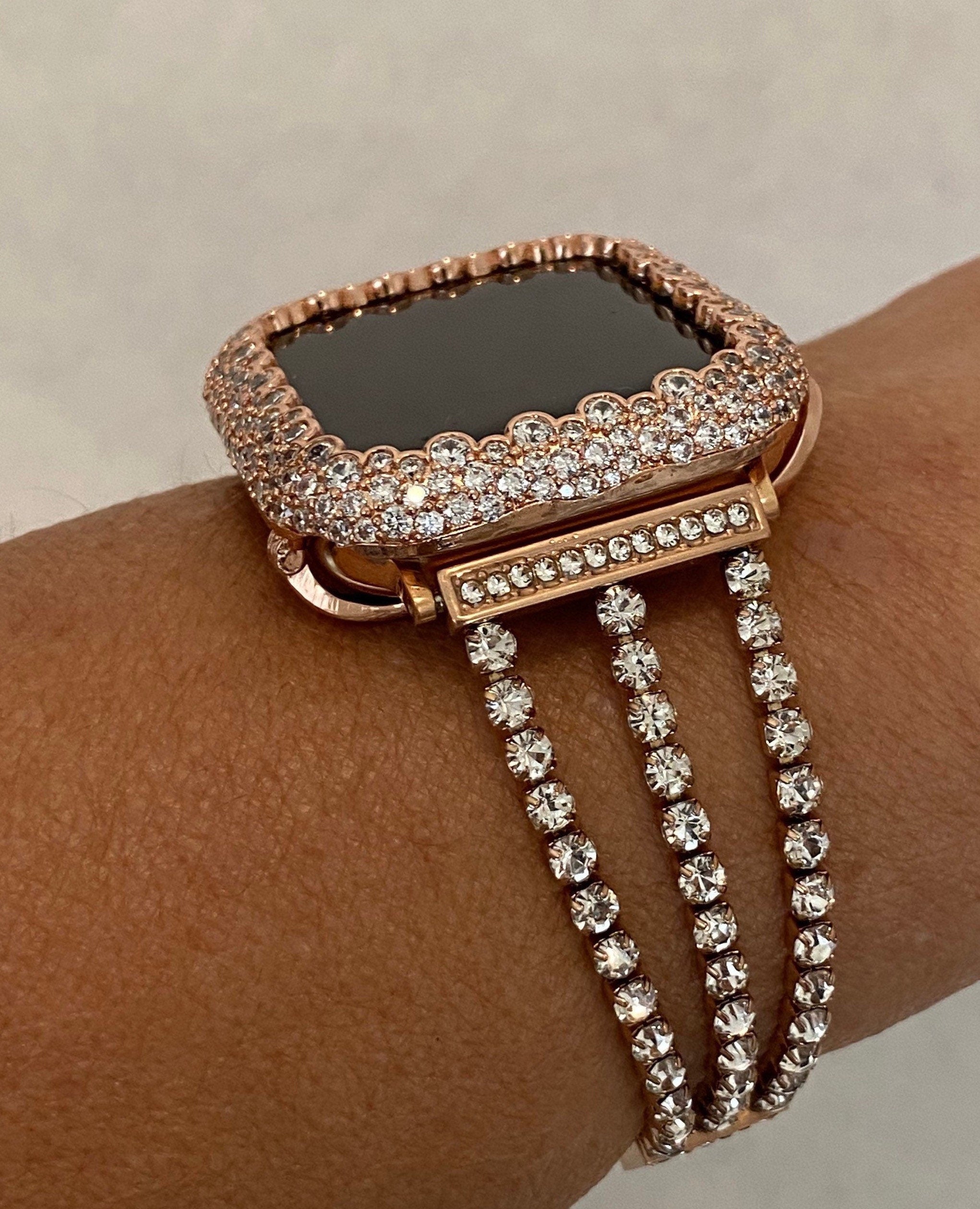 Rose Gold Apple Watch Band Bracelet Womens Swarovski Crystal & or Apple Watch Cover for Iphone Watch Lab Diamond Bezel 38mm-49mm Ultra Bling