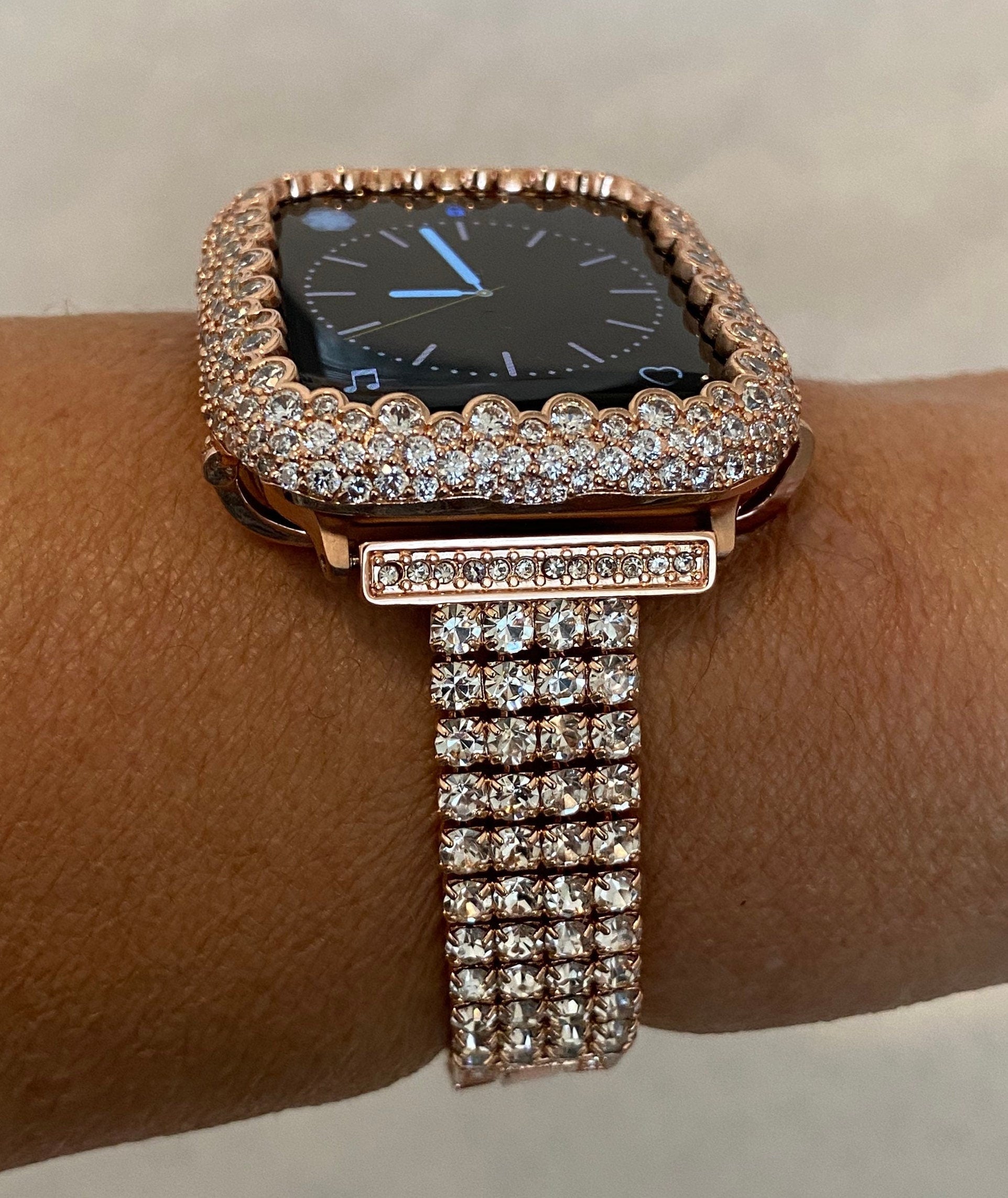 Apple Watch Band Women Rose Gold Swarovski Crystal 38mm-49mm Ultra & or Apple Watch Cover Lab Diamonds Iwatch Candy Bumper Case Bling