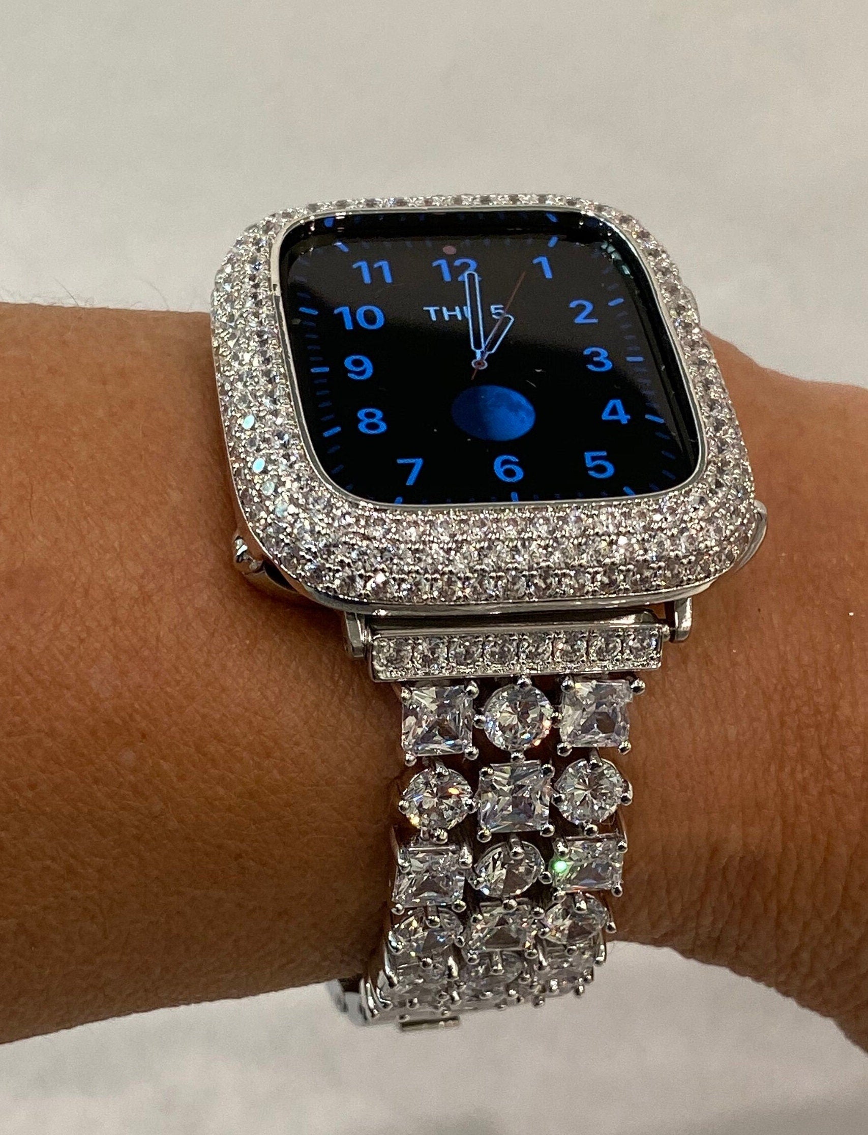 Custom Apple Watch Band 46mm Woman Silver Swarovski Crystal & or Apple Watch Cover Lab Diamond Bezel Bling 38mm-49mm Ultra Apple Watch Case