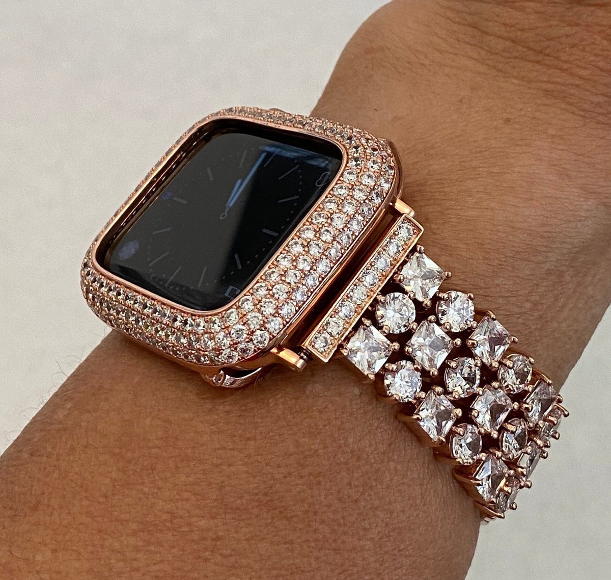 Rose Gold Apple Watch Band Womens High End Crystals & or Apple Watch Cover Lab Diamond Bezel Iphone Watch Case 39mm-49mm Ultra Iwatch Candy