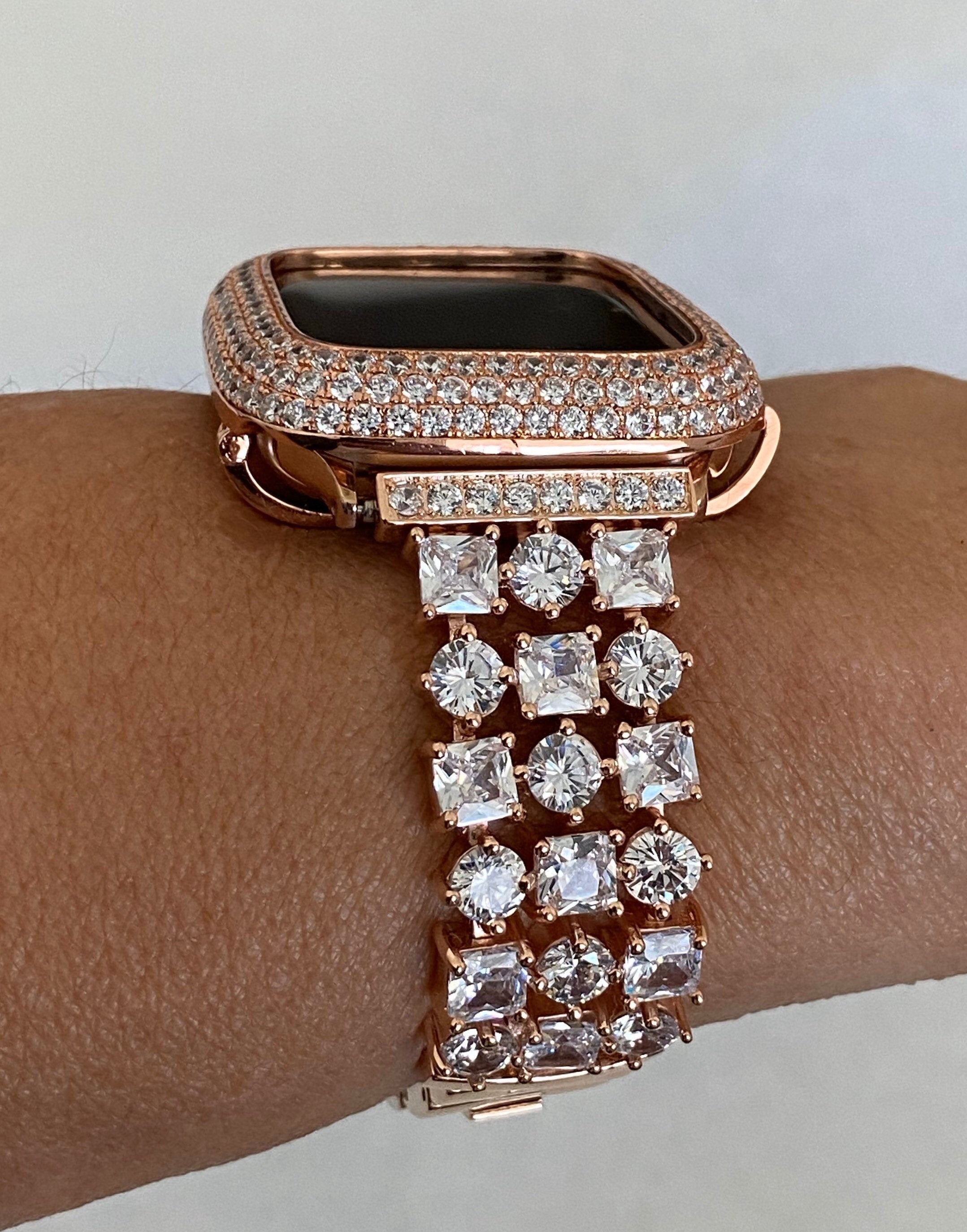 Rose Gold Apple Watch Band Womens Swarovski Crystals & or Apple Watch Cover Lab Diamond Bezel Iphone Watch Case 39mm-49mm Ultra Iwatch Candy