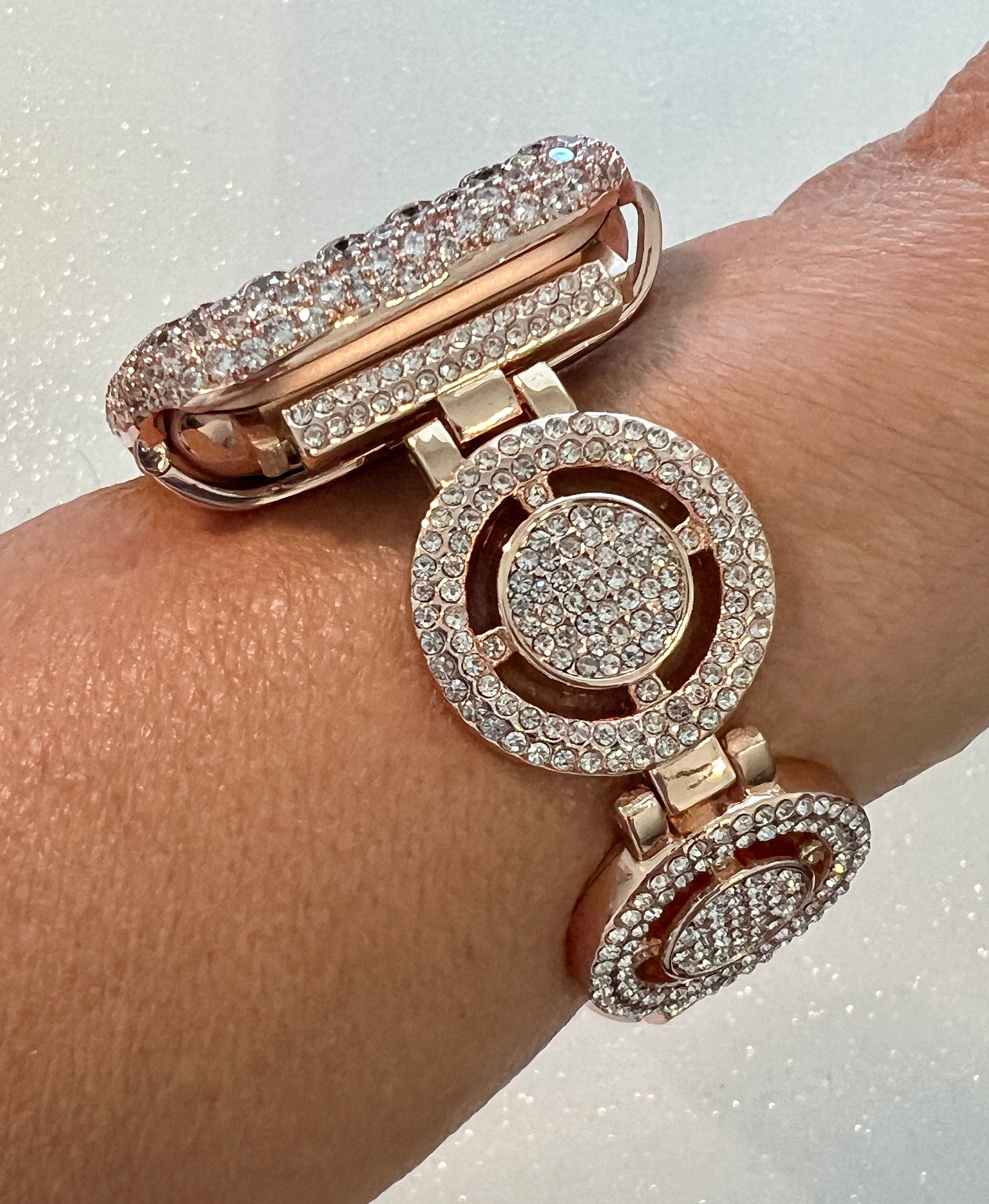 Apple Watch Band Women Rose Gold Crystal Pave 38-49mm & or Apple Watch Cover Lab Diamond Bezel Apple Watch Case Iwatch Candy Bling