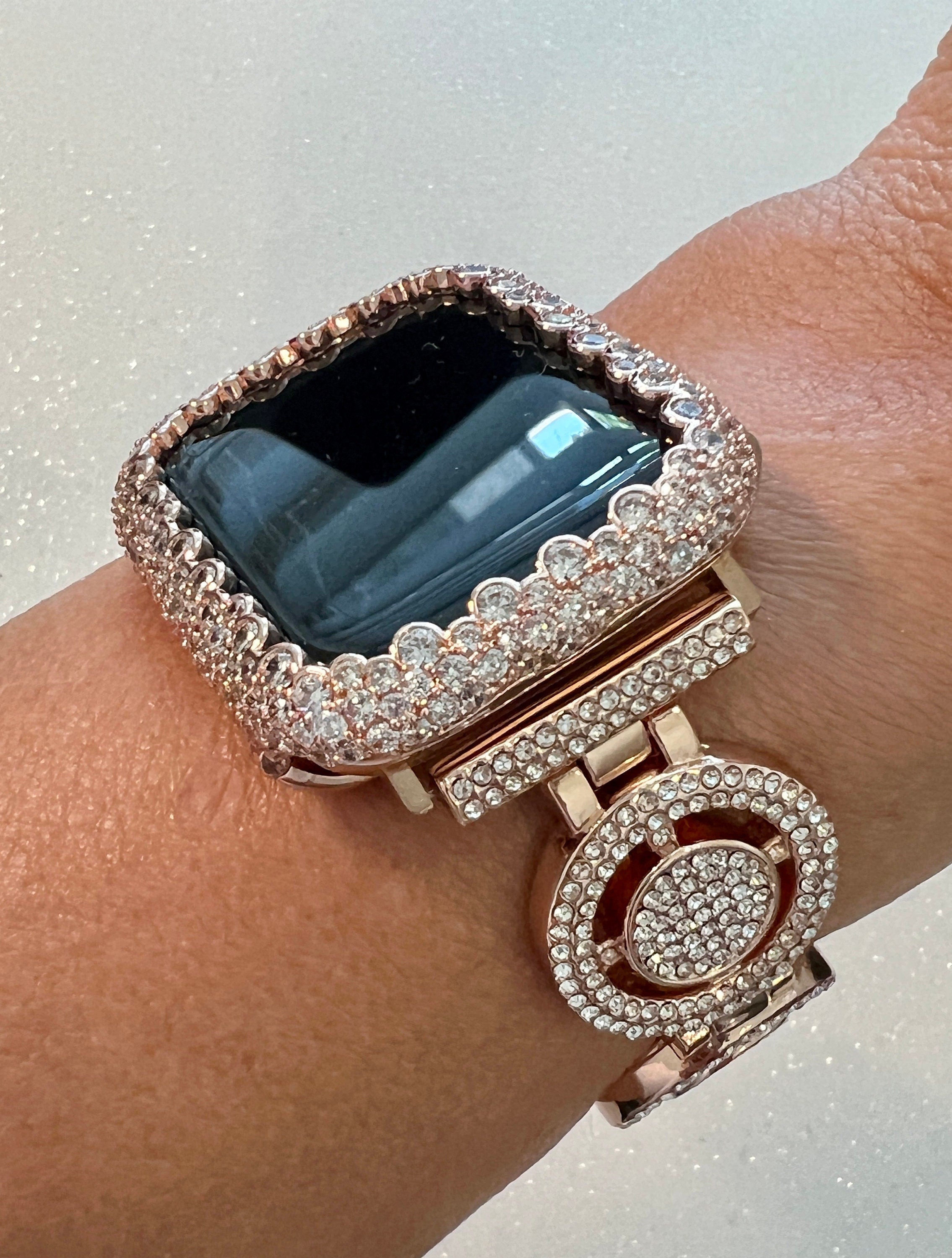 Womens Apple Watch Band Rose Gold with Swarovski Crystals Pave Rhinestones or Apple Watch Cover with Lab Diamonds Protective Bumper from Iwatch Candy Bling