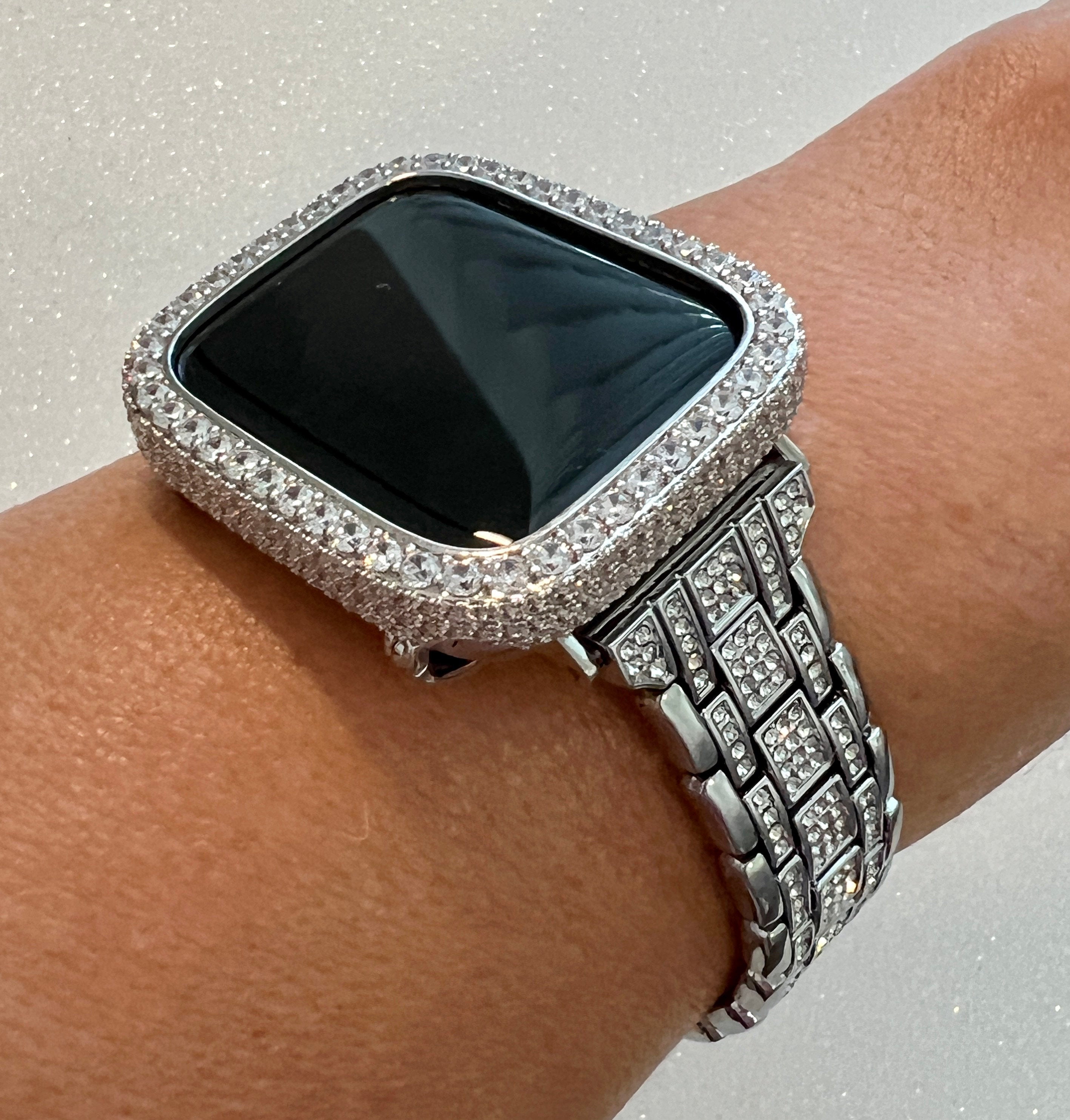 Designer Silver Apple Watch Band Women Swarovski Crystal Bracelet & or Apple Watch Cover Lab Diamond Bezel Case 38 40 41 42 44 45 49mm Ultra