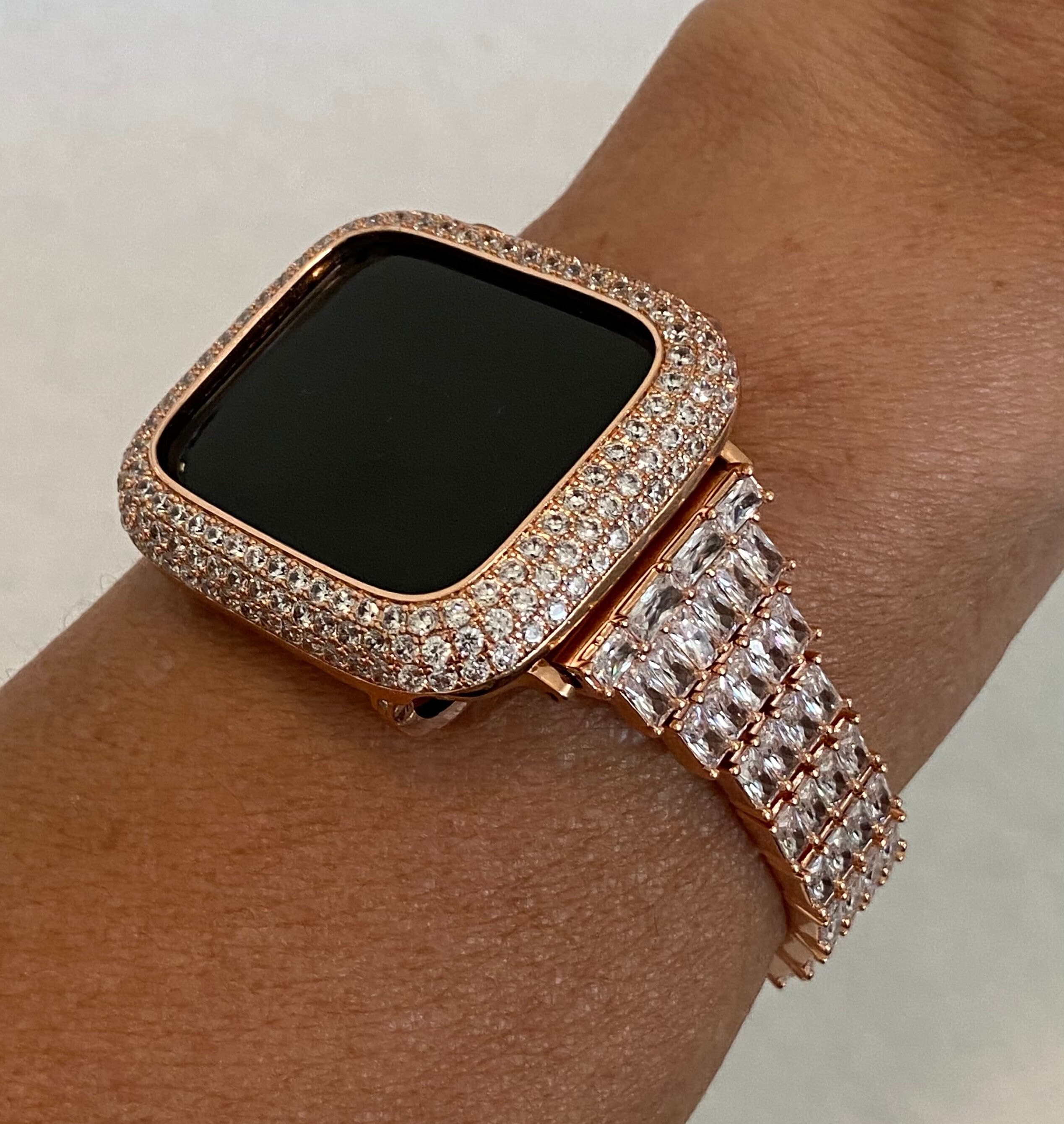 Designer Apple Watch Band 41mm 45mm 49mm Rose Gold Swarovski Crystal & or Apple Watch Case Lab Diamond Bezel Cover Smartwatch Bumper 38-44mm
