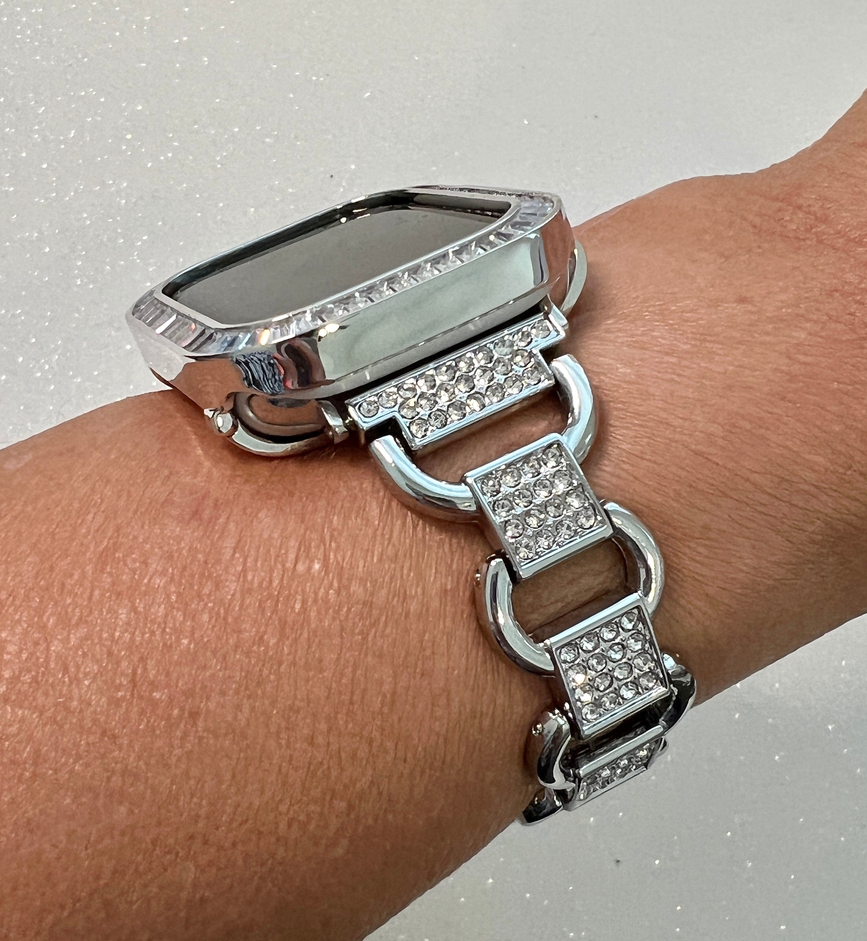 Apple Watch Band Women Silver Link Bracelet with Swarovski Crystals & or Apple Watch Cover Baguettes Lab Diamond Iwatch Candy Bling 38-49mm