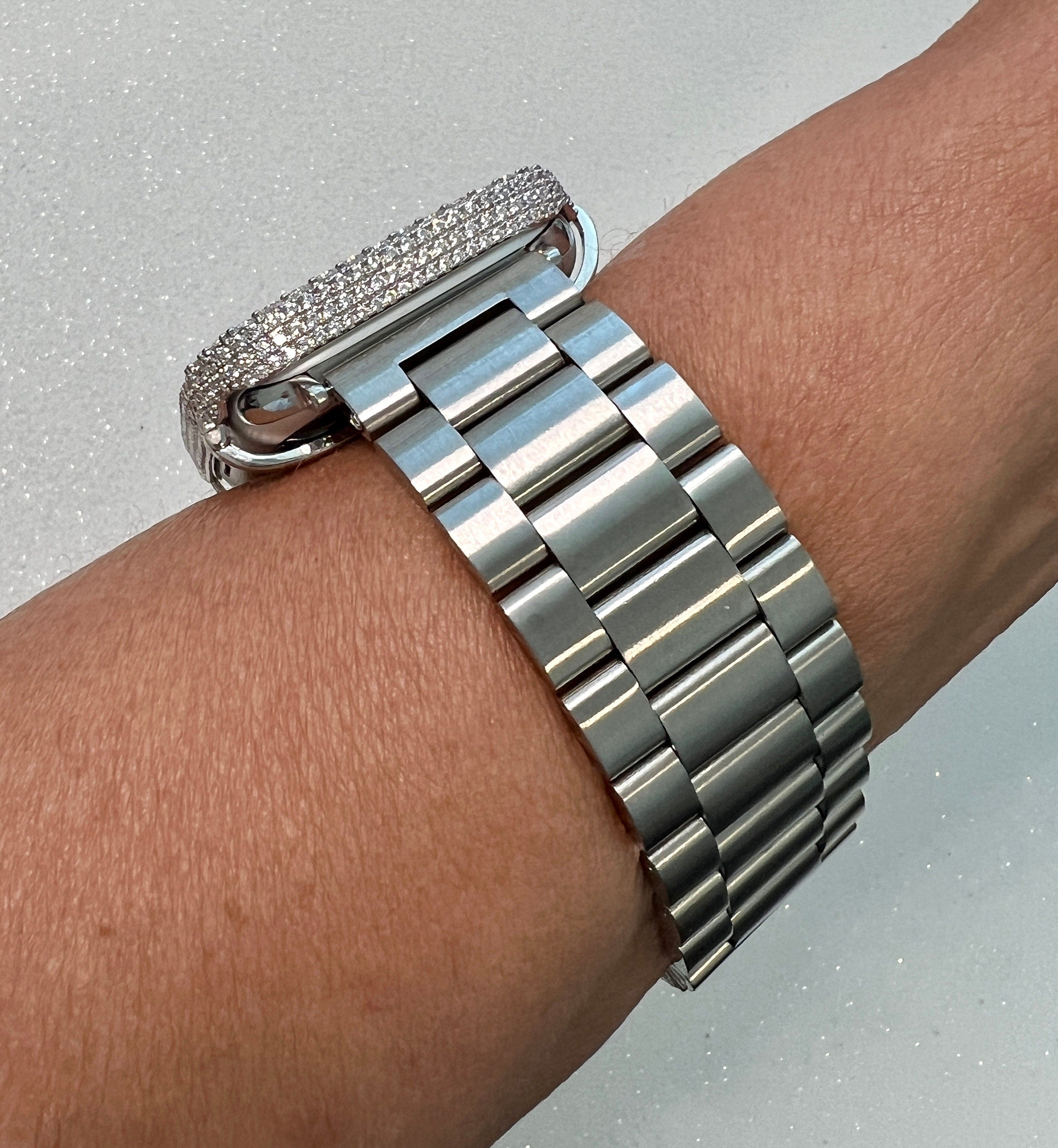 Apple Watch Band Mens Silver Stainless Steel 49mm Ultra & or Apple Watch Cover 2.5mm Lab Diamond Apple Watch Case 38mm-46mm Iwatch Candy
