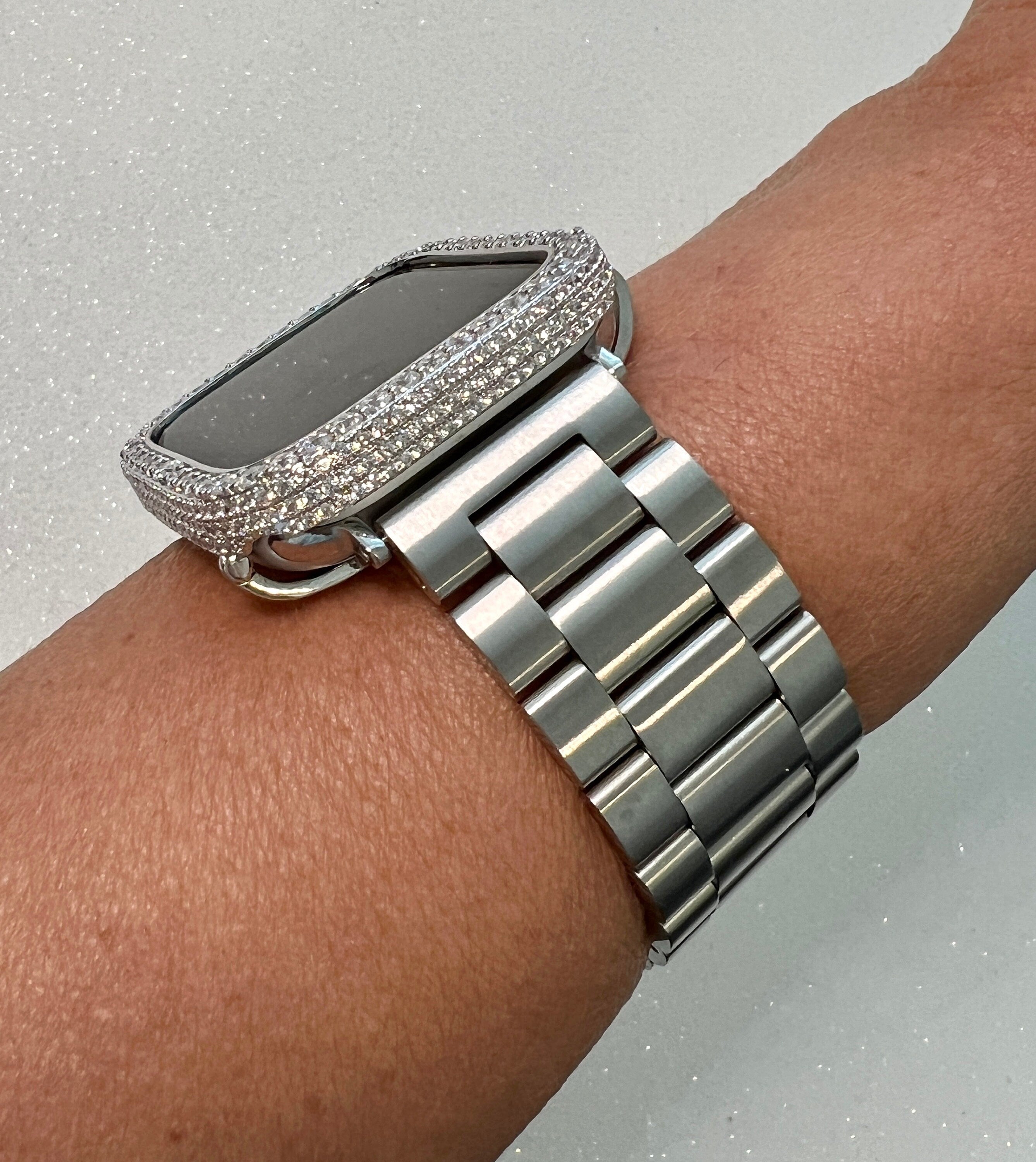 Apple Watch Band Mens Silver Stainless Steel 49mm Ultra & or Apple Watch Cover 2.5mm Lab Diamond Apple Watch Case 38mm-46mm Iwatch Candy