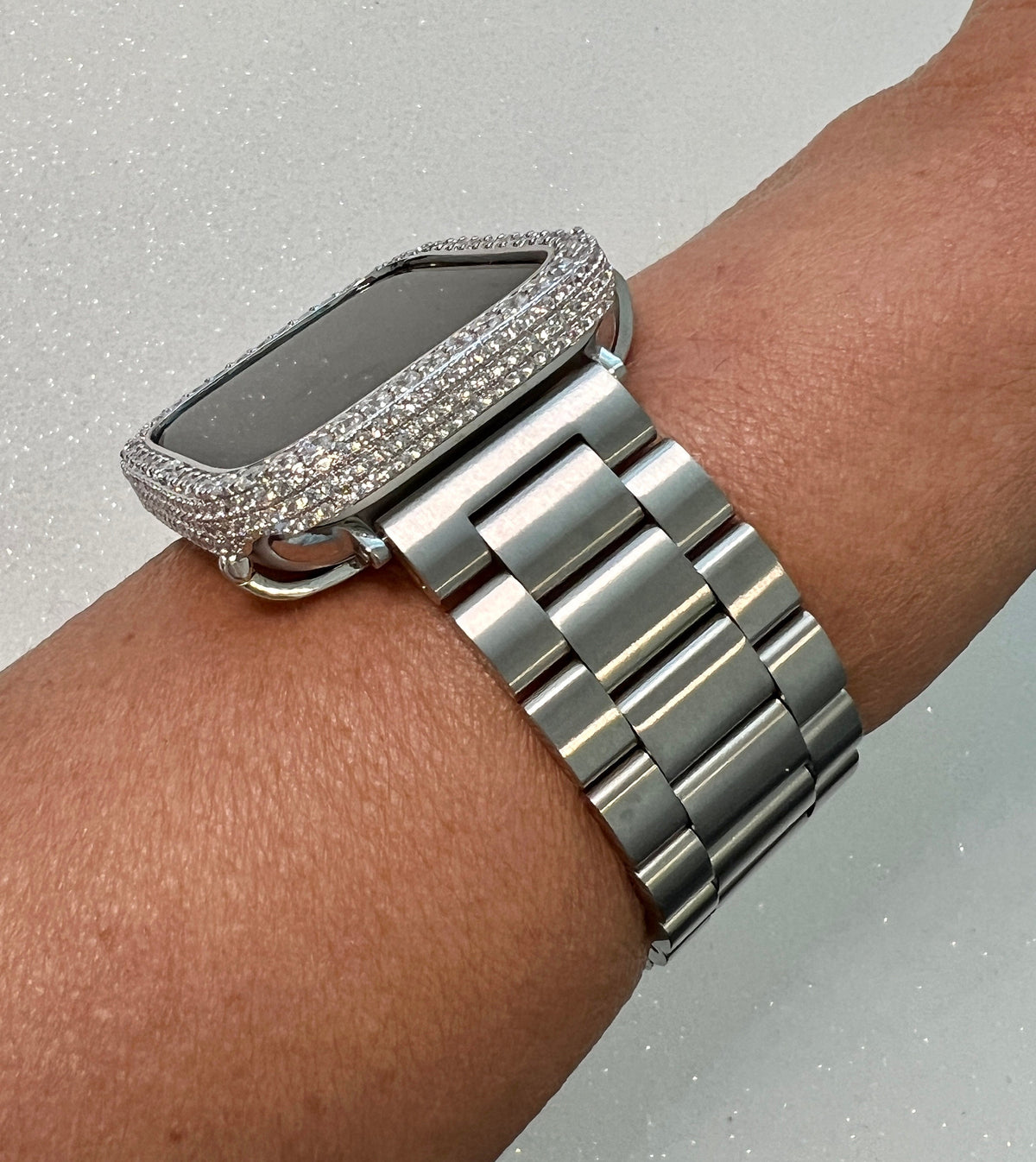 Apple Watch Band Mens Silver Stainless Steel 49mm Ultra & or Apple Watch Cover 2.5mm Lab Diamond Apple Watch Case 38mm-46mm Iwatch Candy