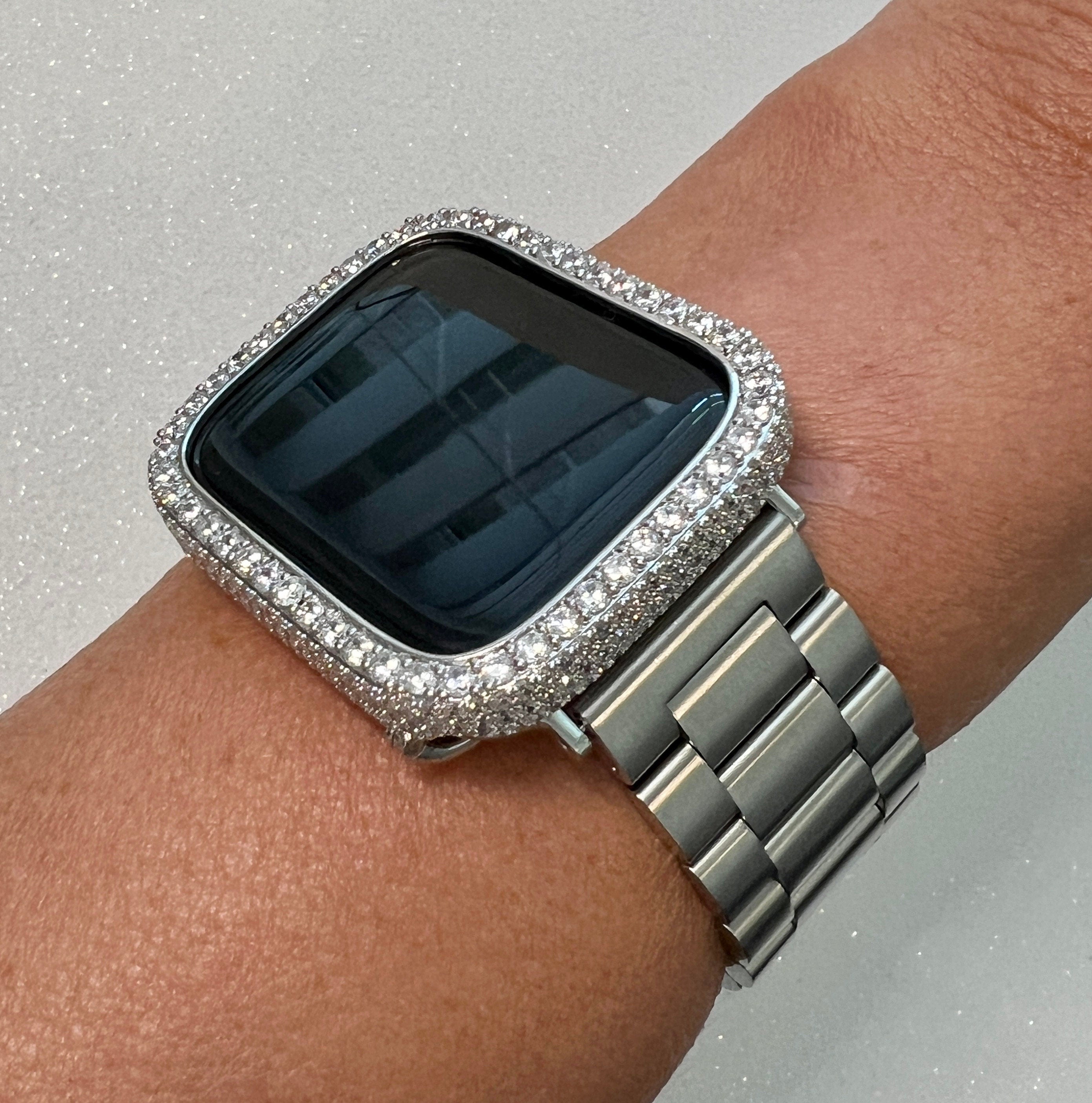 Apple Watch Band Mens Silver Stainless Steel 49mm Ultra & or Apple Watch Cover 2.5mm Lab Diamond Apple Watch Case 38mm-46mm Iwatch Candy