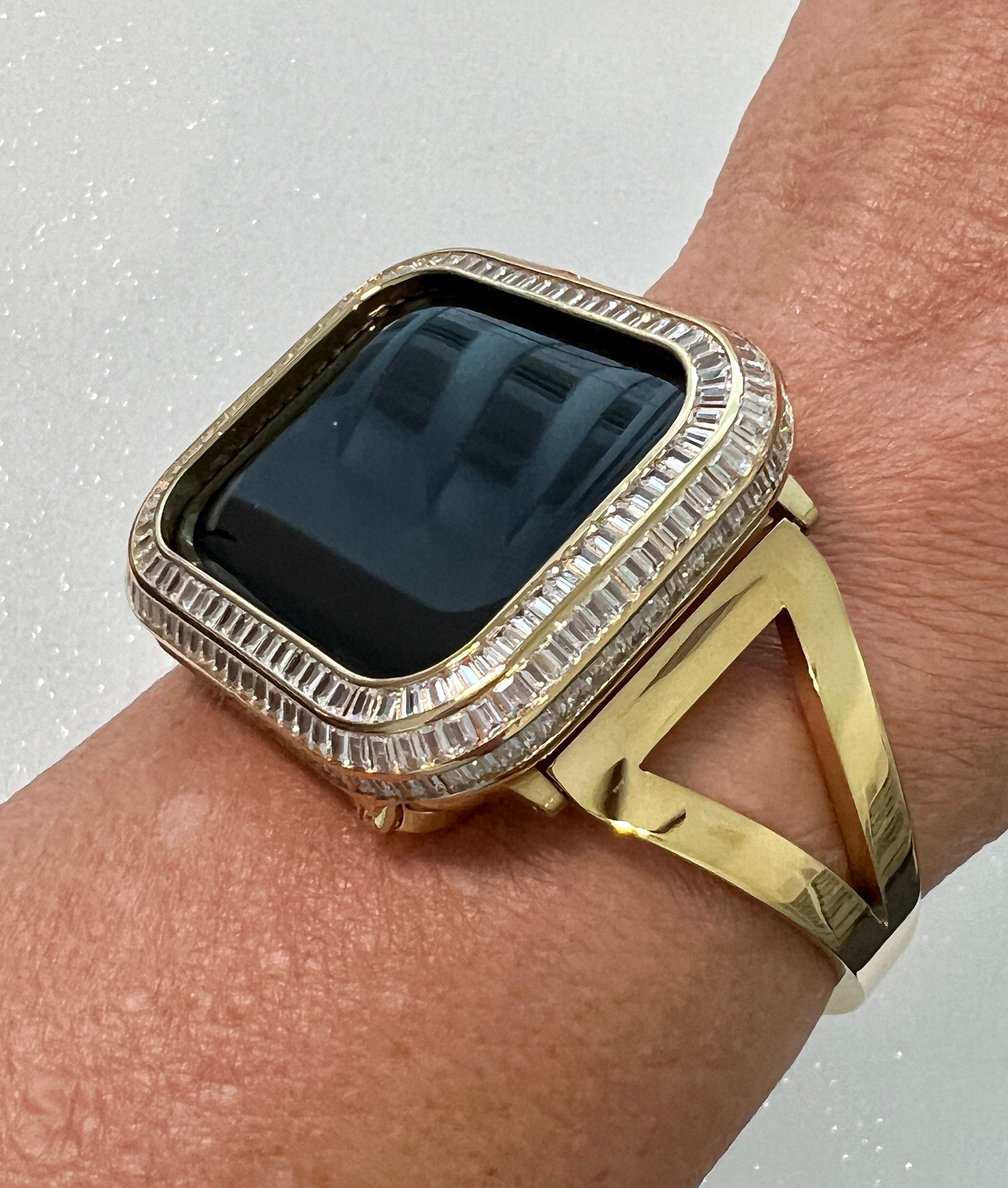 Sleek Gold Apple Watch Band Bangle Bracelet Womens & or Custom Apple Watch Case 3 Rows of Baguette Lab Diamonds Iwatch Candy 40 41 44 45mm