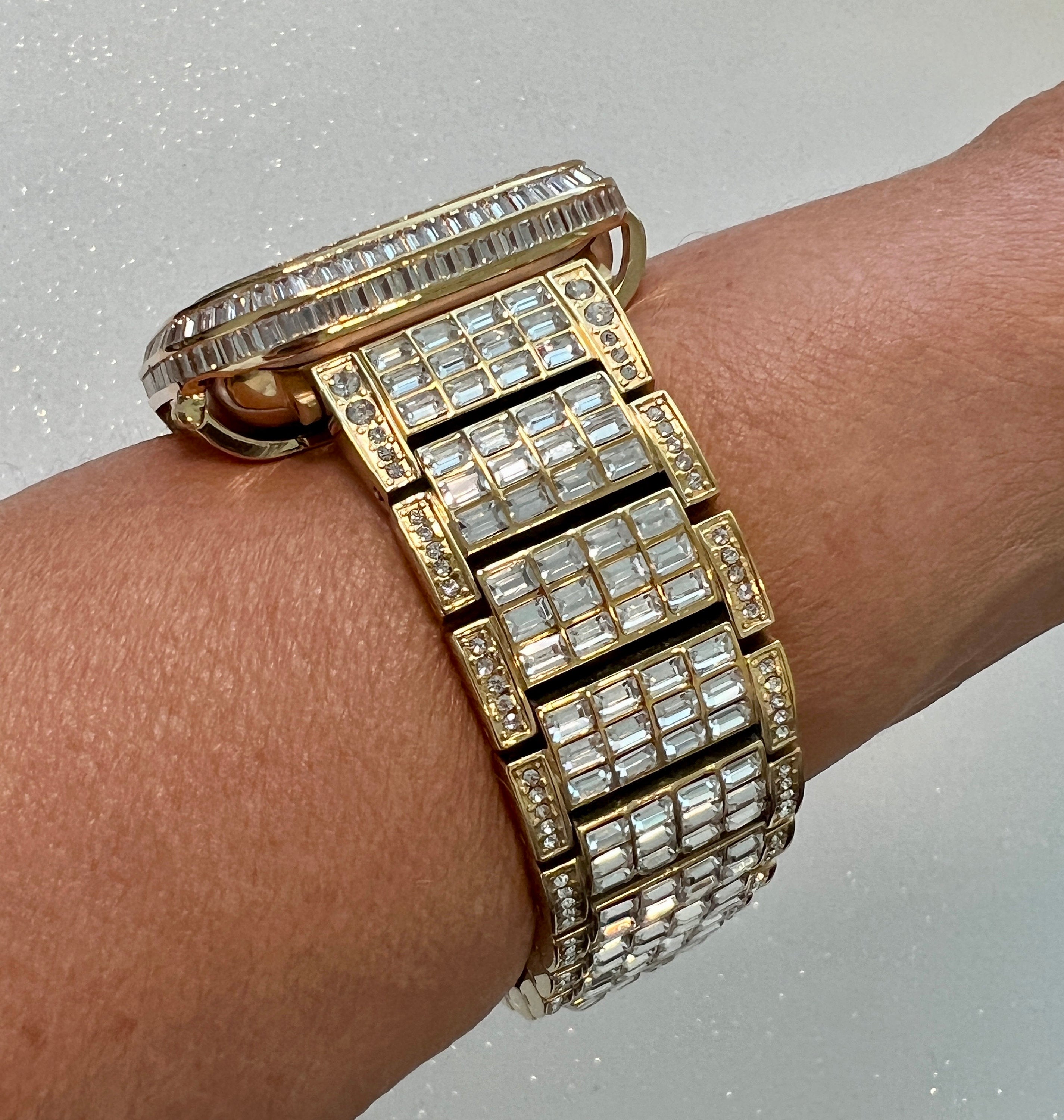 Mens Apple Watch Band Women Gold Swarovski Crystals & or Apple Watch Cover Baguette Lab Diamond Bezel 40mm 41mm 44mm 45mm Iwatch Candy Bling