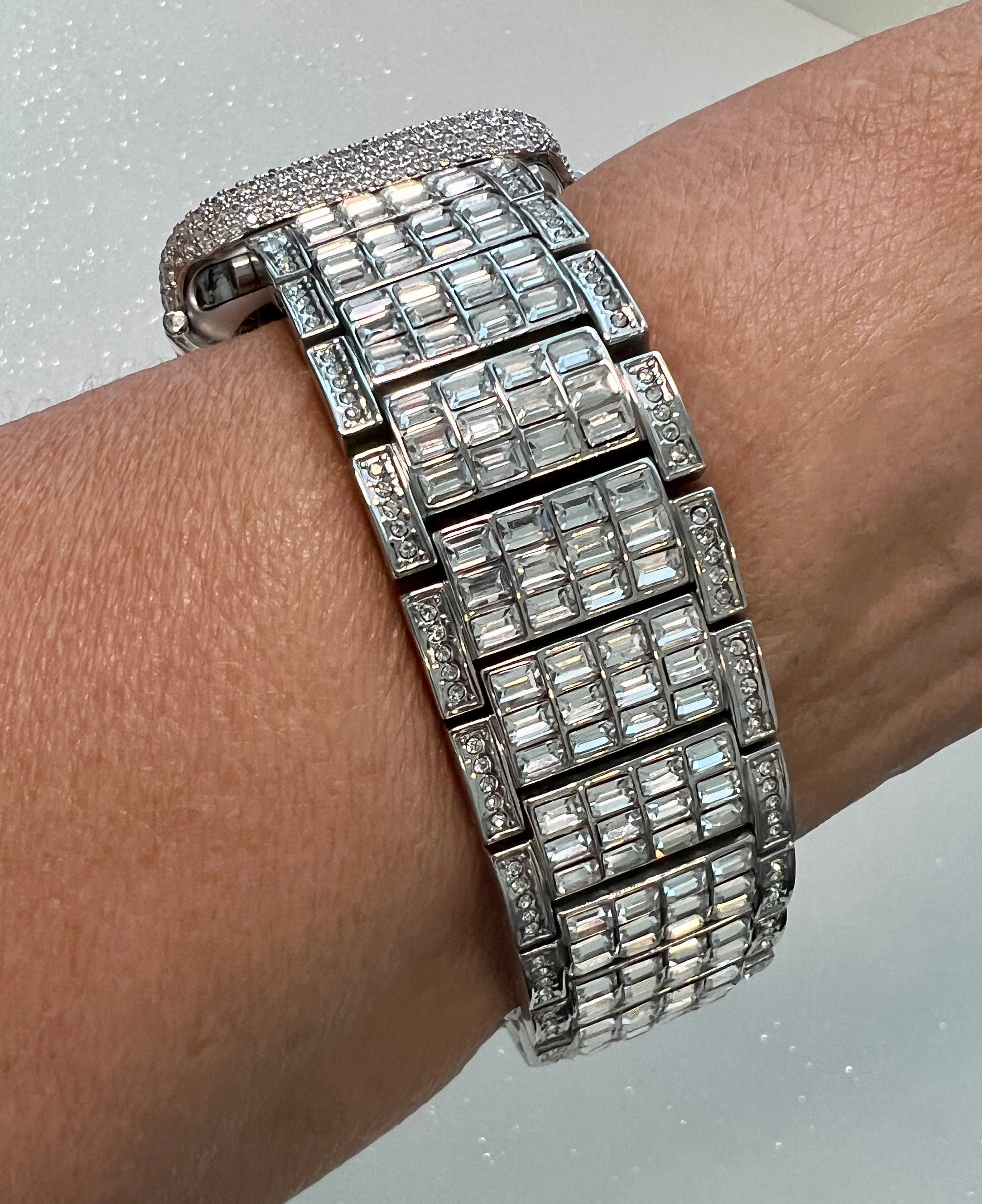 Men Apple Watch Band Women Silver Swarovski Crystal Stainless & or Apple Watch Cover Lab Diamond Bezel Case Iwatch Candy Bling 38-49mm Ultra