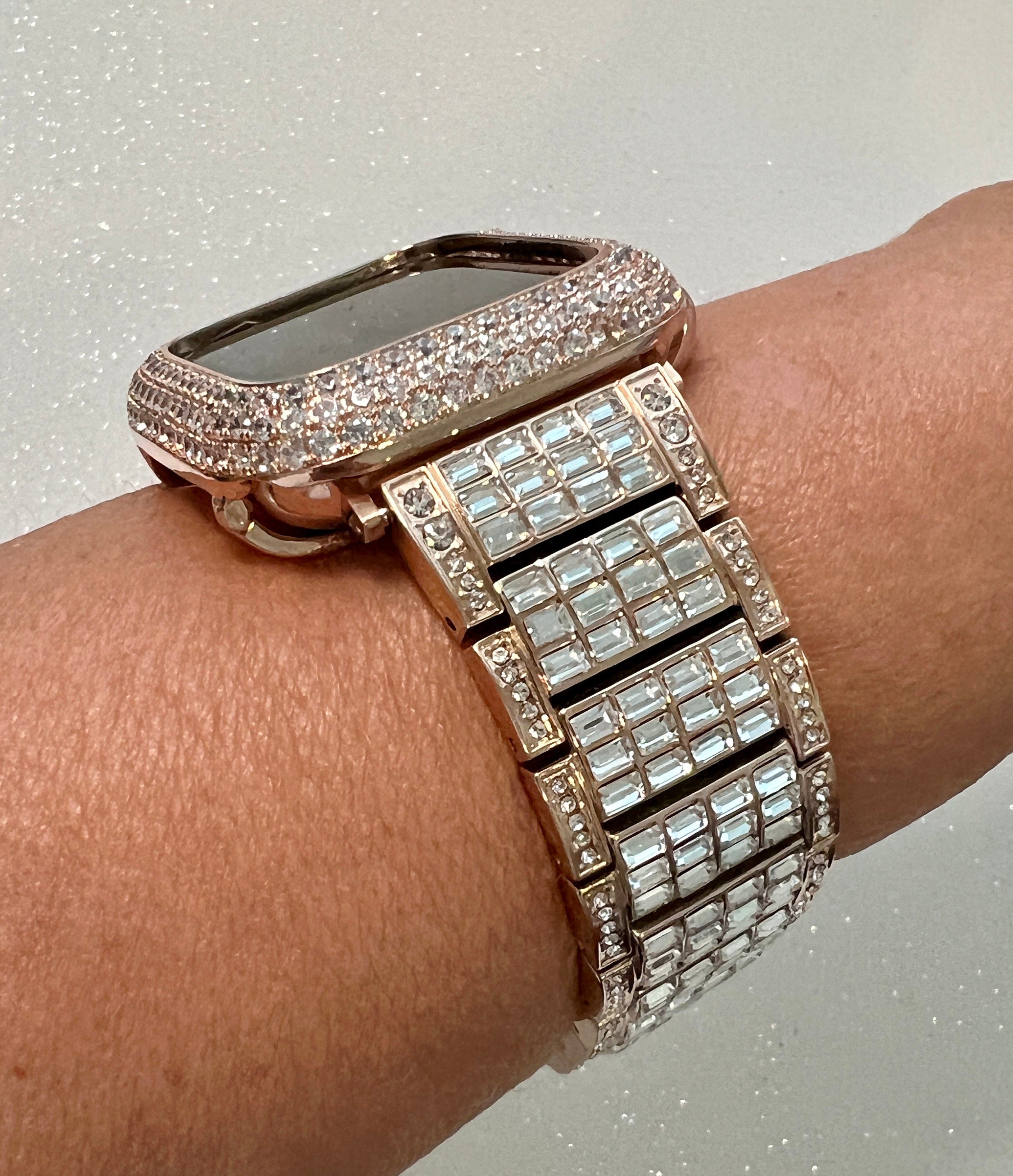 Apple Watch Band Women Rose Gold Swarovski Crystals & or Apple Watch Cover Pave Lab Diamond Bezel Case 38mm-49mm Ultra Iwatch Candy Bling