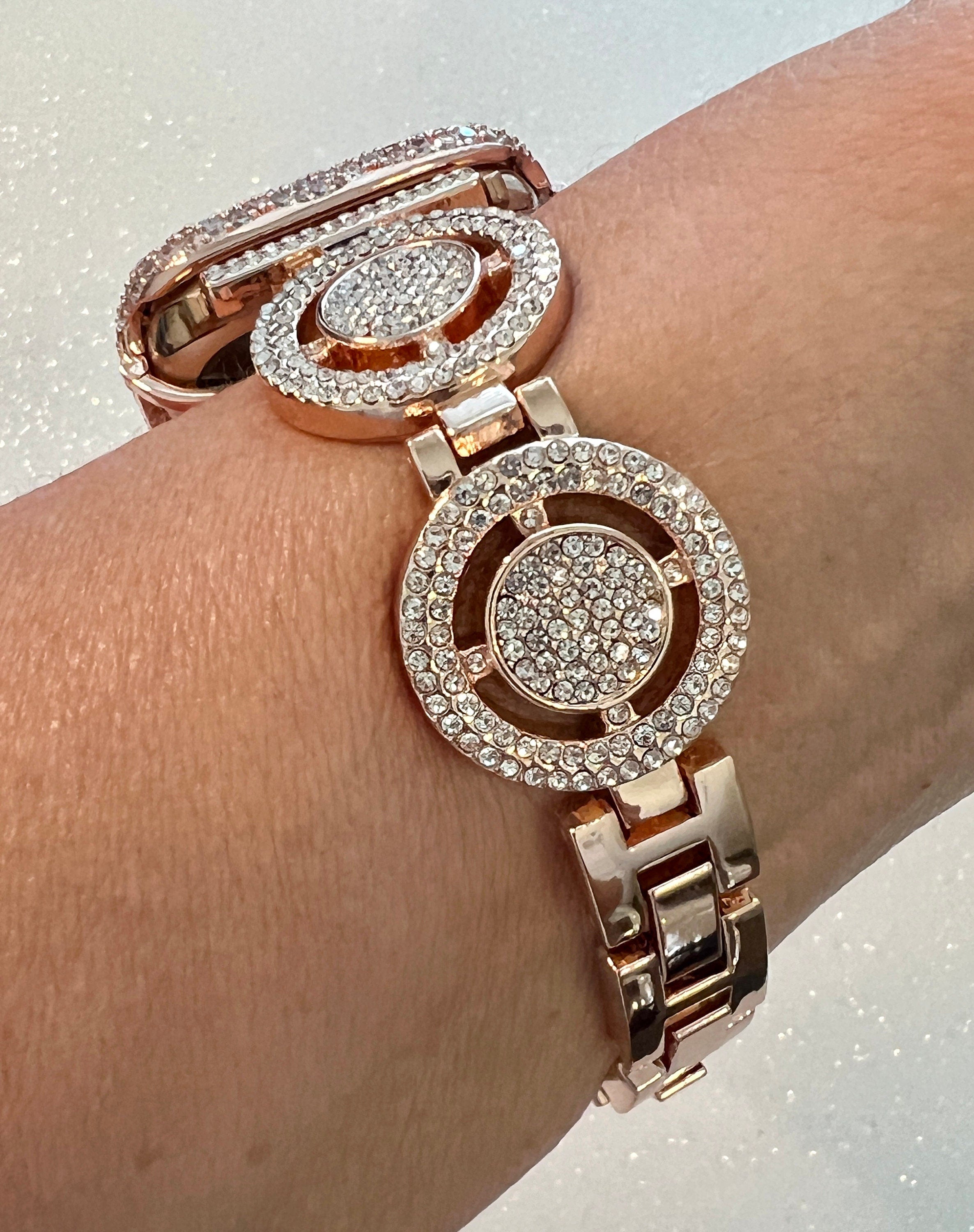 Apple Watch Band Women Rose Gold Crystal Pave 38-49mm & or Apple Watch Cover Lab Diamond Bezel Apple Watch Case Iwatch Candy Bling