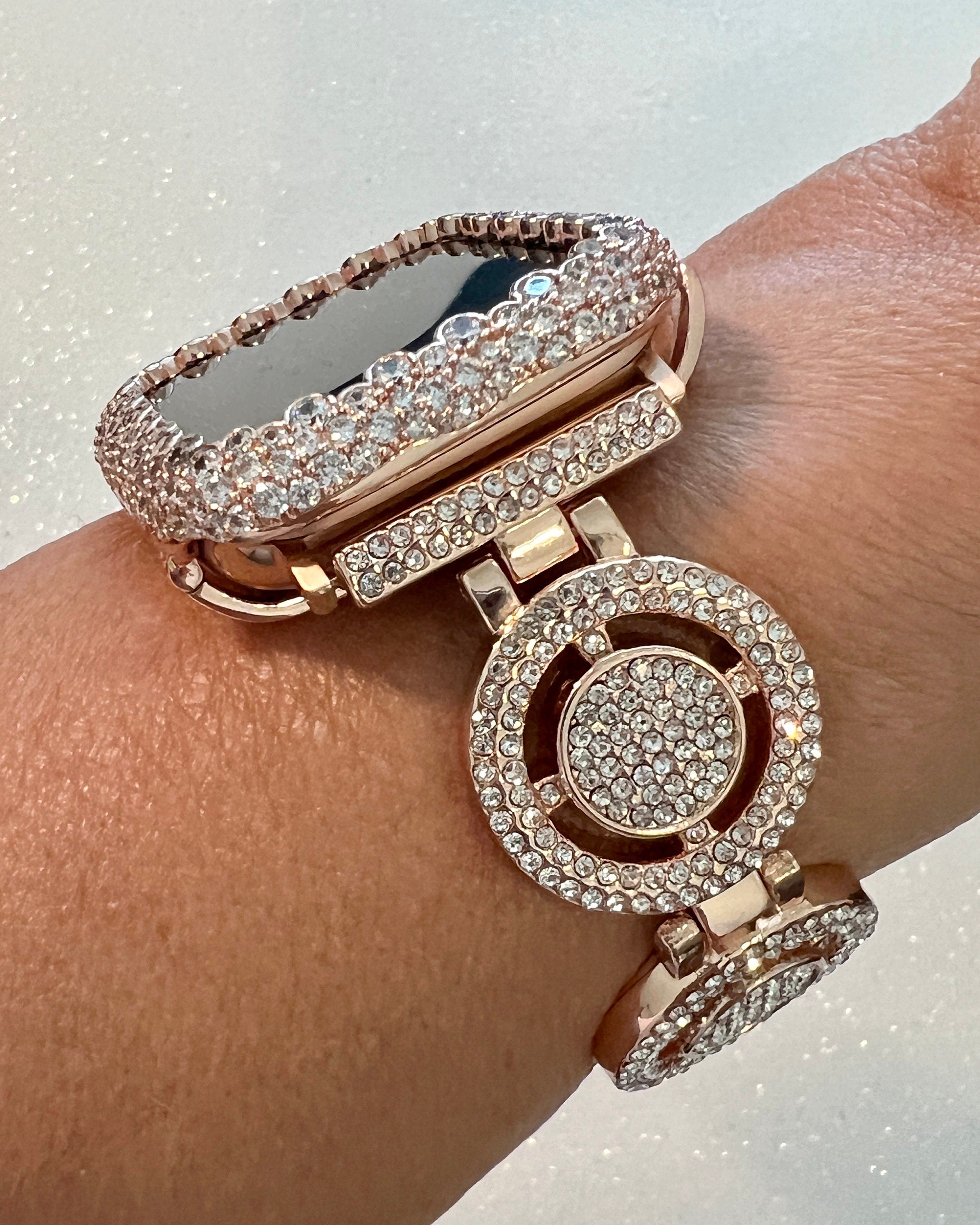 Apple Watch Band Women Rose Gold Crystal Pave 38-49mm & or Apple Watch Cover Lab Diamond Bezel Apple Watch Case Iwatch Candy Bling