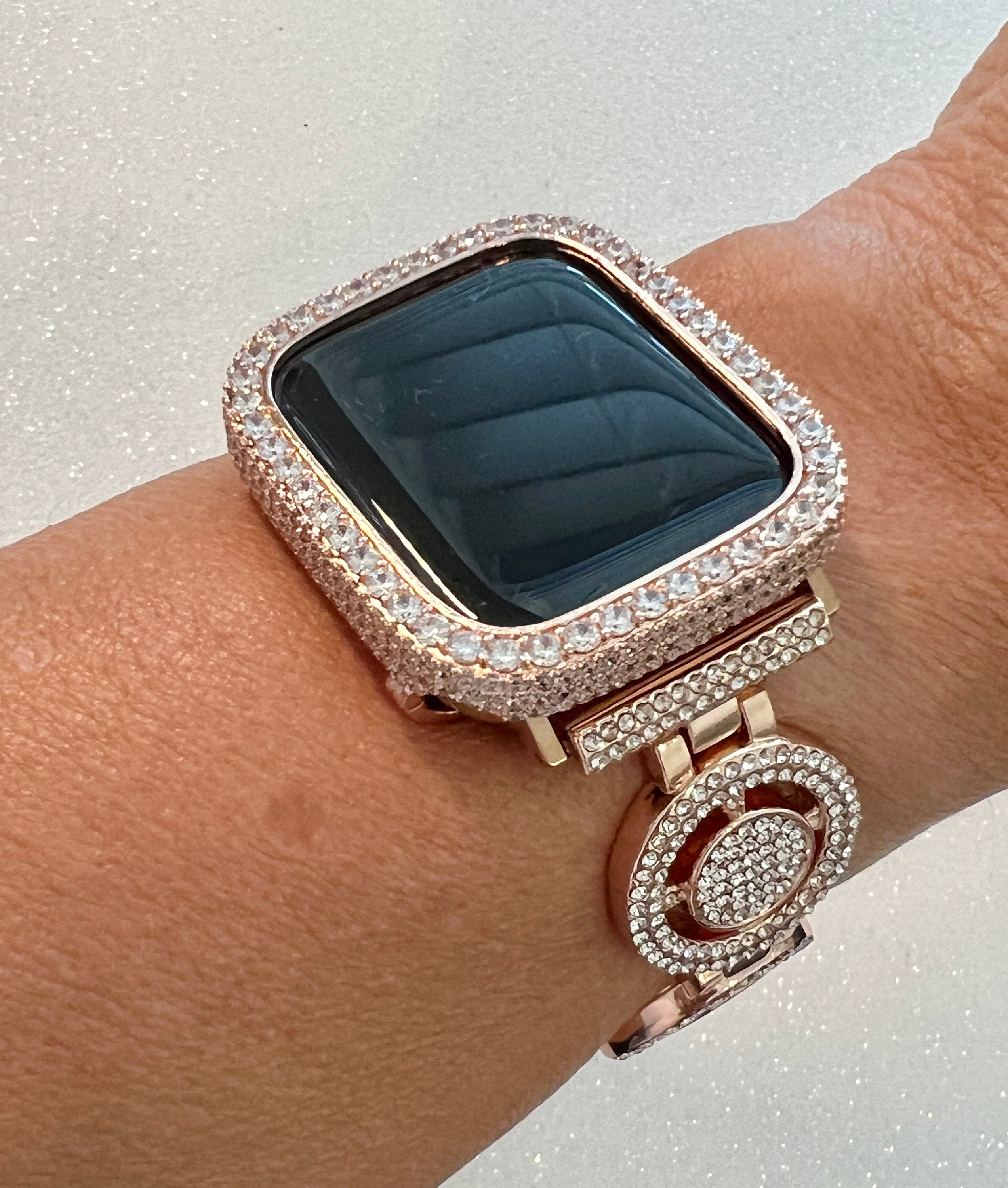Pave Rose Gold Apple Watch Band Womens Swarovski Crystal 38-49mm & or Apple Watch Cover Lab Diamond Bezel Case Iwatch Candy Bling