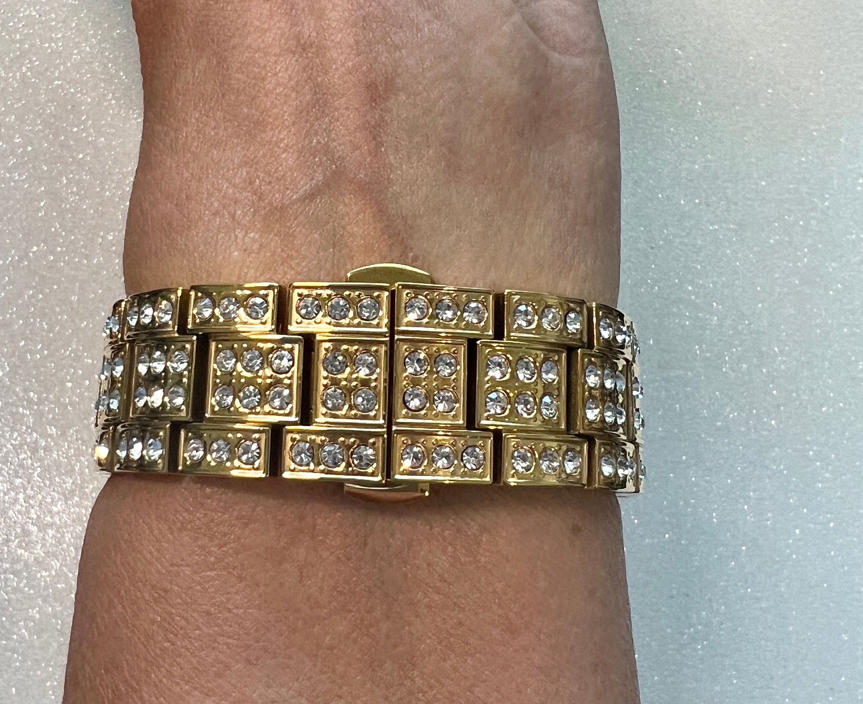 Iced Out Mens Apple Watch Band Women Gold Stainless Steel Swarovski Crystals & or Apple Watch Cover Lab Diamond Bezel Case Bling 38mm-45mm