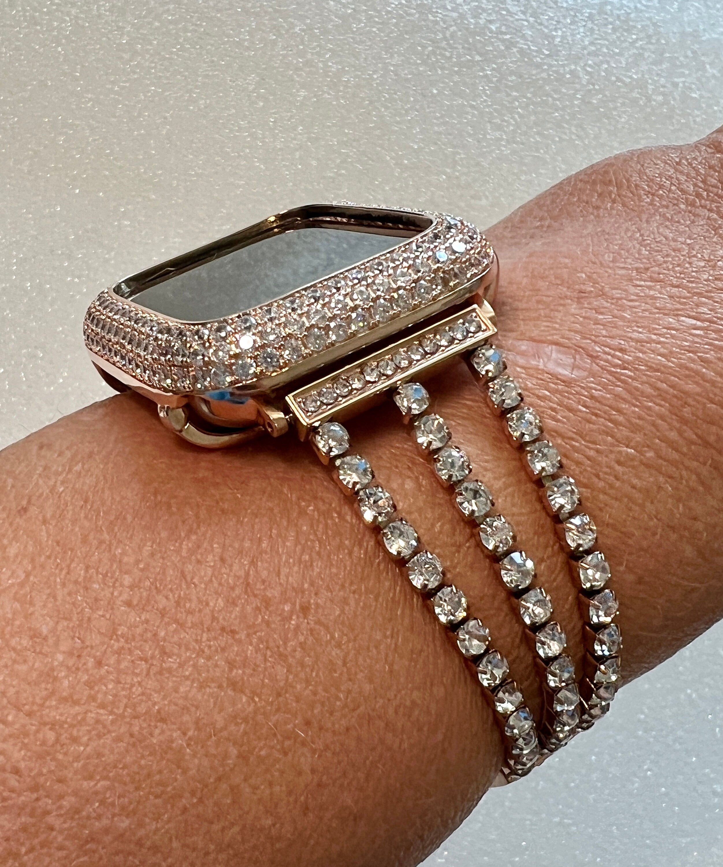 Rose Gold Apple Watch Band Womens 41mm 45mm 49mm Ultra Swarovski Crystals & or Apple Watch Cover Lab Diamonds 40mm 44mm Iwatch Candy dy