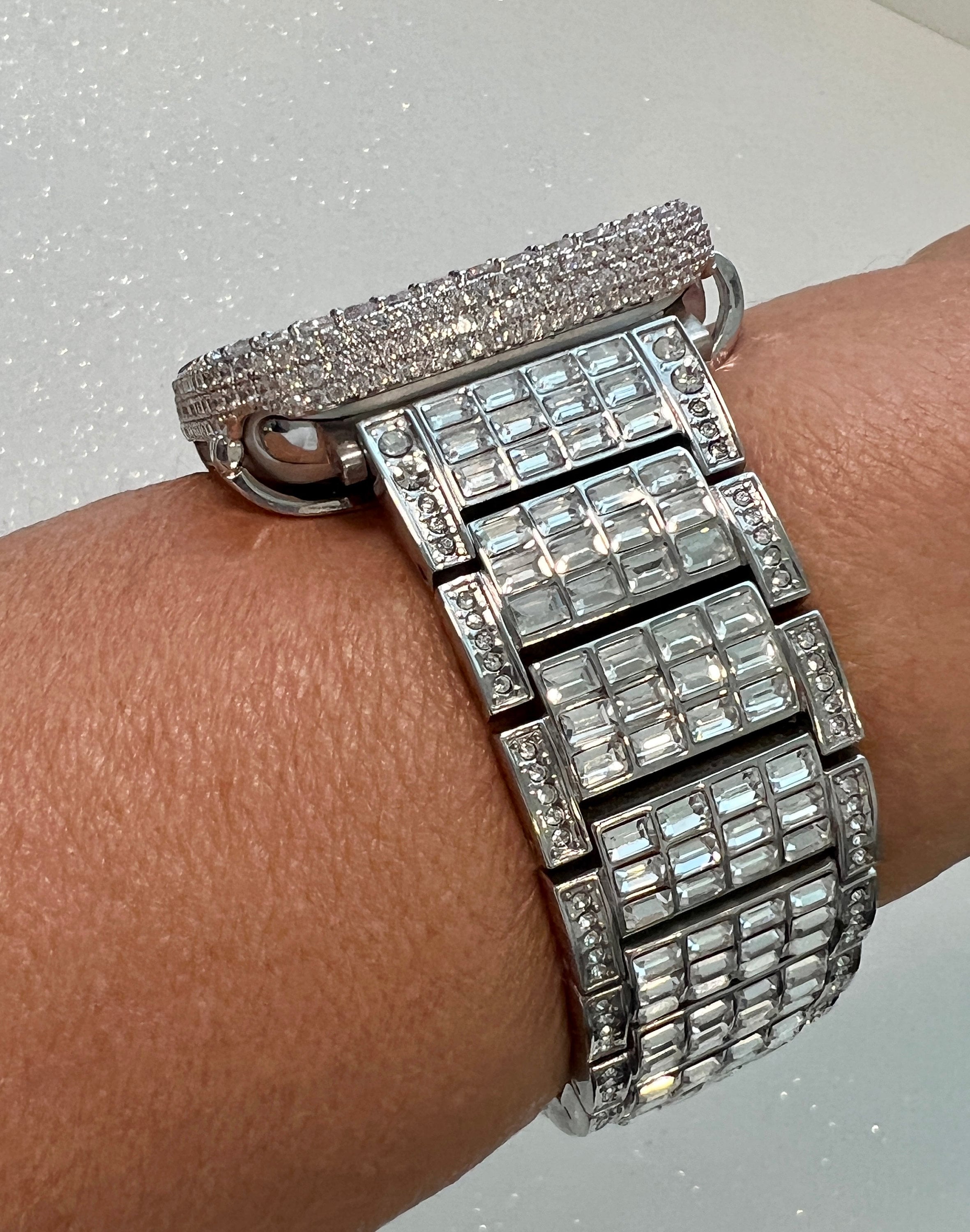 Men Apple Watch Band Women Silver Swarovski Crystal Stainless & or Apple Watch Cover Lab Diamond Bezel Case Iwatch Candy Bling 38-49mm Ultra