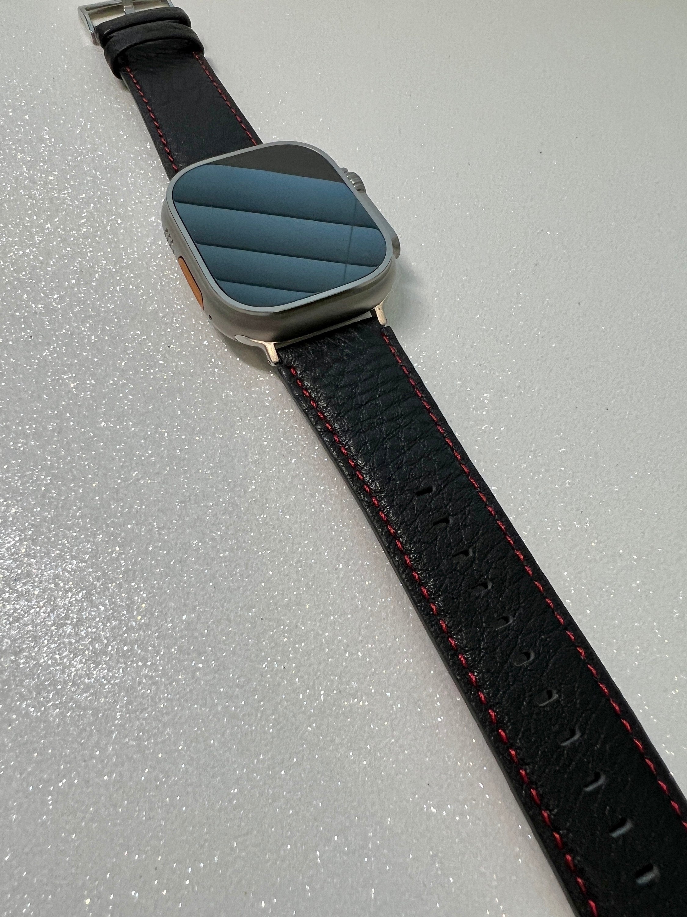 Luxury Black Leather Apple Watch Band Red Hand Stitched 49mm Ultra 45mm 44mm 42mm Apple Watch Strap Supple Leather Series 9 Iwatch Candy