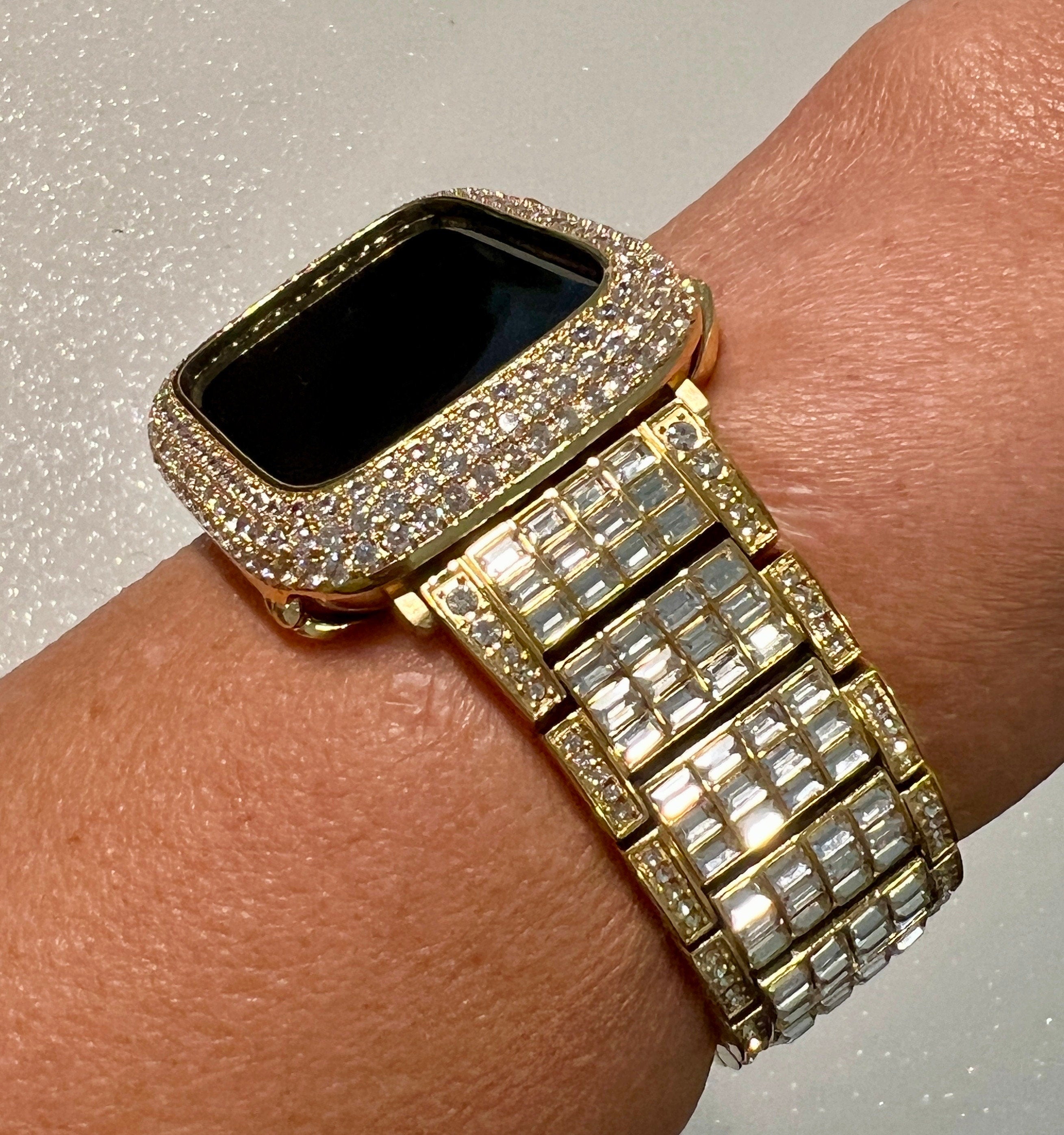 Designer Gold Apple Watch Band 49mm Ultra Mens Swarovski Crystal & or Apple Watch Case Lab Diamond Bezel Apple Watch Cover 38mm-45mm