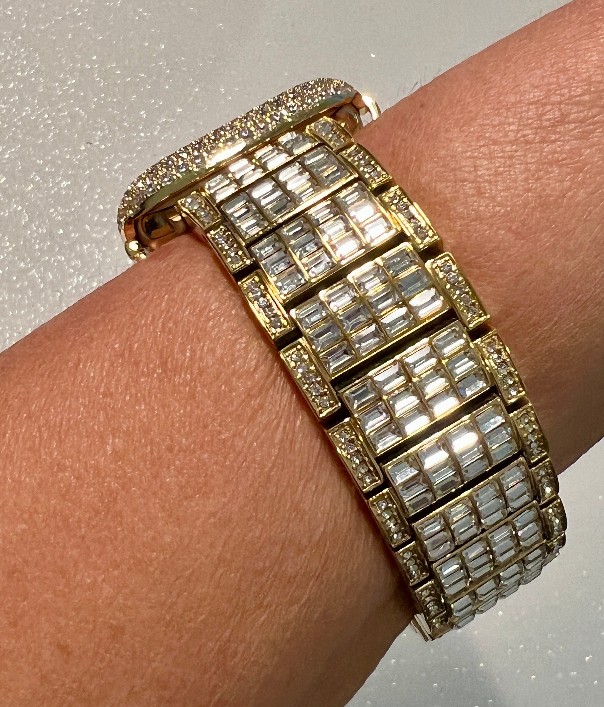 Designer Gold Apple Watch Band 49mm Ultra Mens Swarovski Crystal & or Apple Watch Case Lab Diamond Bezel Apple Watch Cover 38mm-45mm