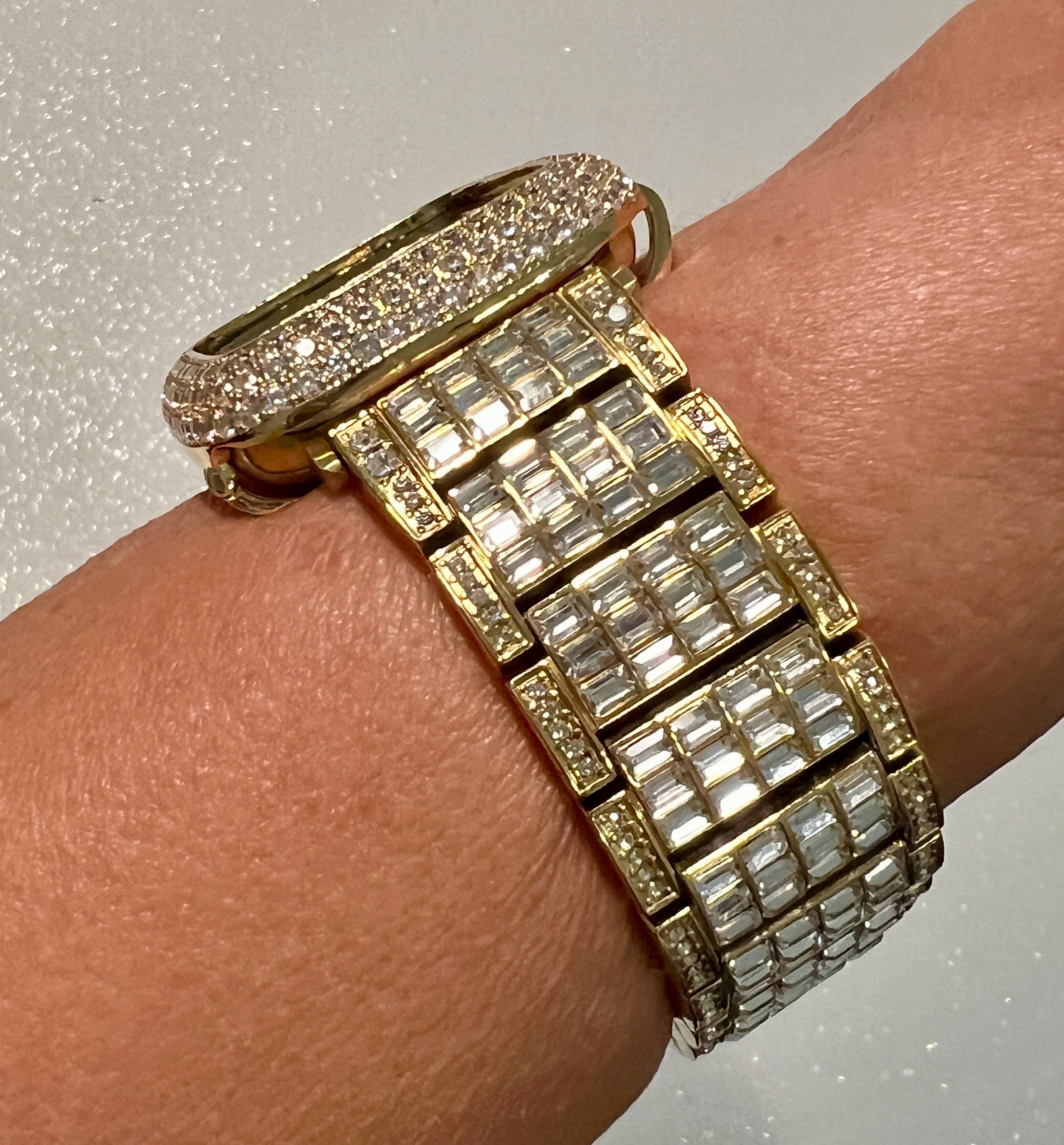 Designer Gold Apple Watch Band 49mm Ultra Mens Swarovski Crystal & or Apple Watch Case Lab Diamond Bezel Apple Watch Cover 38mm-45mm