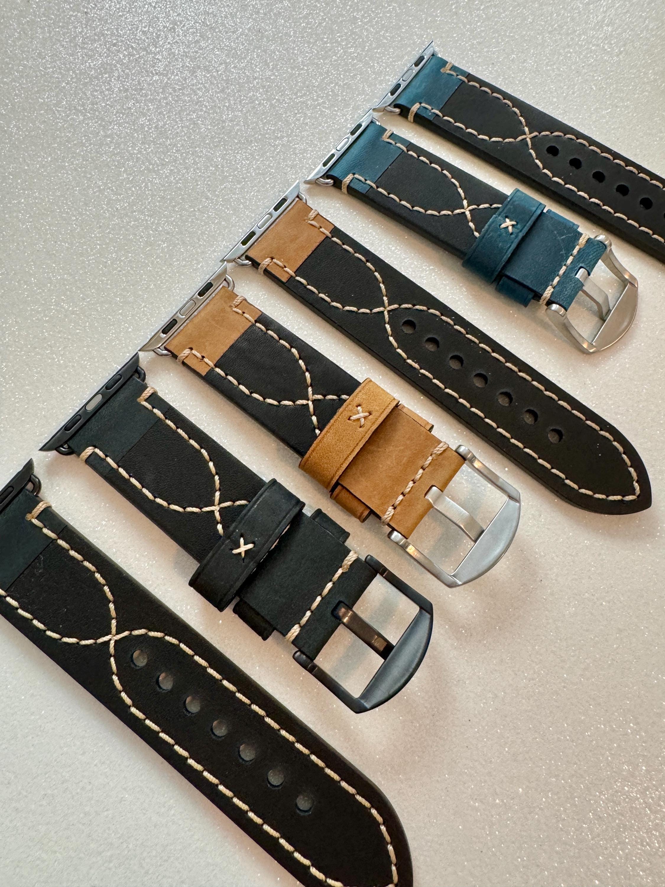 Bold Hand Stitched Leather Apple Watch Band Mens Black, Tan, Brown, Blue, Apple Watch Straps 42mm 44mm 45mm 46mm 49mm Iphone Watch Band