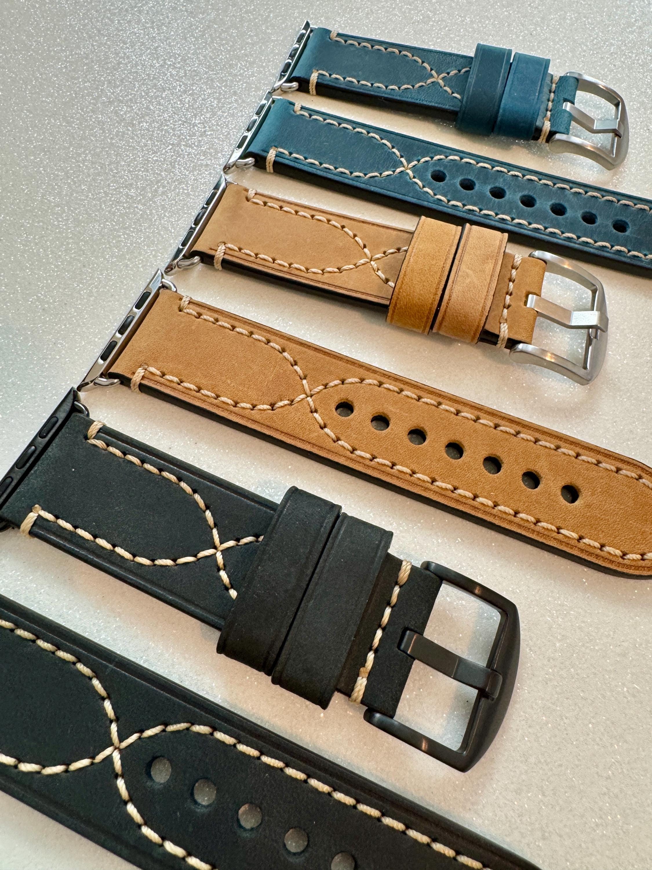 Bold Hand Stitched Leather Apple Watch Band Mens Black, Tan, Brown, Blue, Apple Watch Straps 42mm 44mm 45mm 46mm 49mm Iphone Watch Band