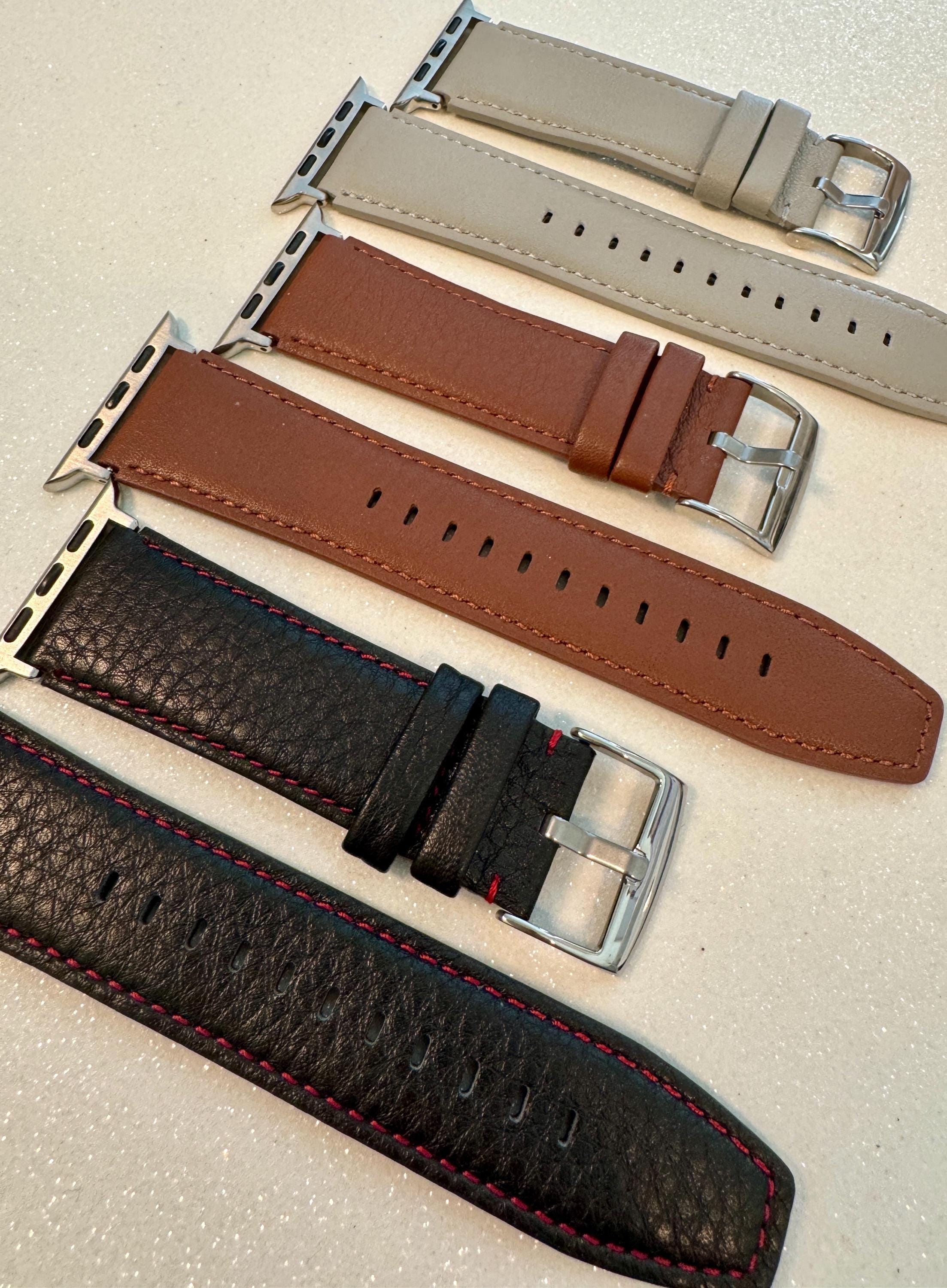 Leather Apple Watch Band Mens Pebbled Black-Red, Smooth Tan-Brown, Gray, Apple Watch Straps 42mm 44mm 45mm 46mm 49mm Iphone Watch Band
