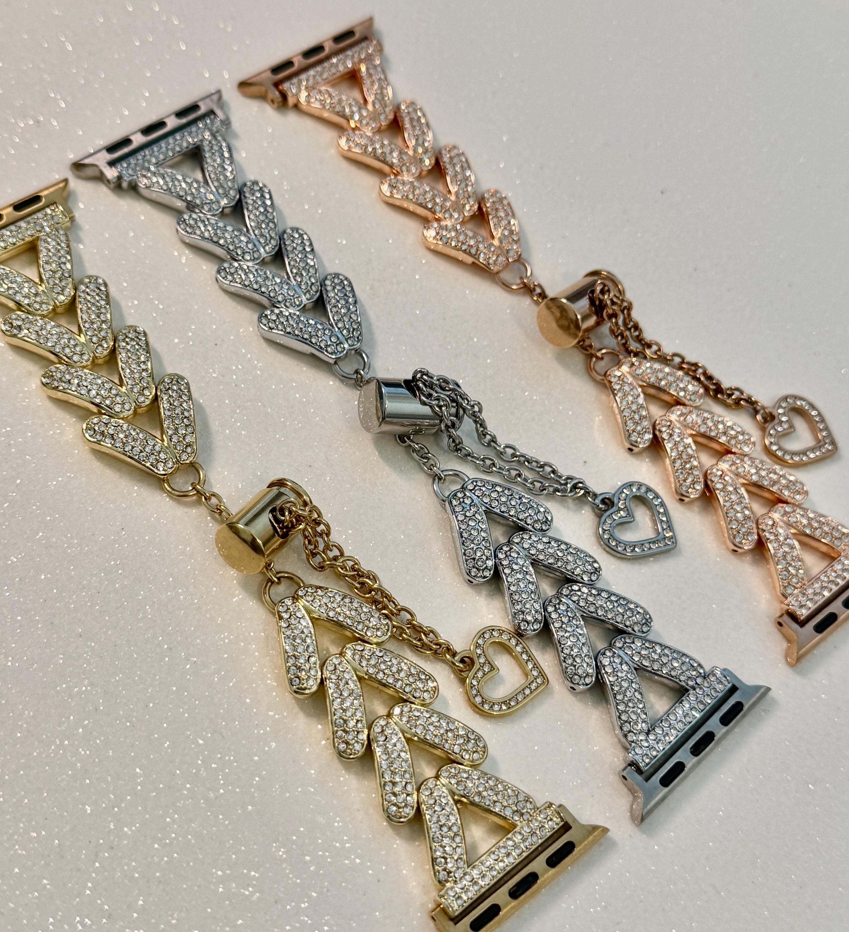 Series 10 Apple Watch Band Swarovski Crystal Silver, Rose Gold, Yellow Gold Choices 38mm-49mm Iphone Watch Band Valentine Heart Gift for Her