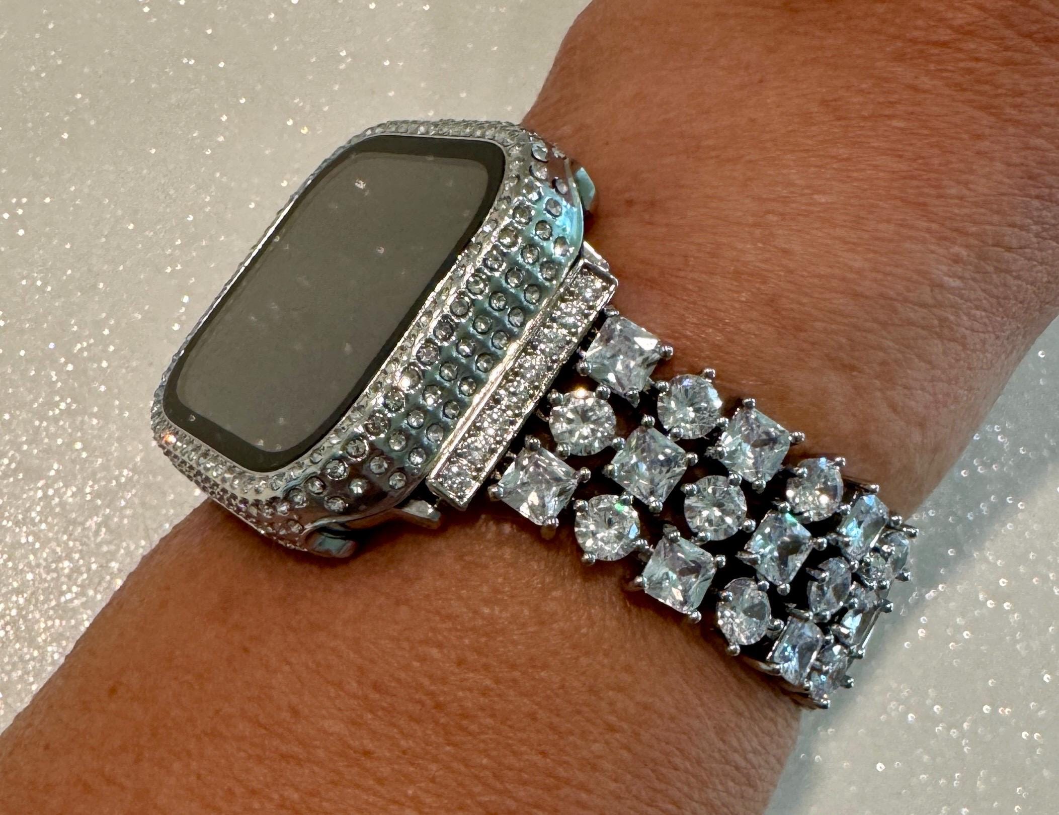 Series 10 Apple Watch Band Woman Silver Swarovski Crystal & or Apple Watch Cover Crystal Apple Watch Bezel 41mm42mm 45mm 46mm 49mm Protector