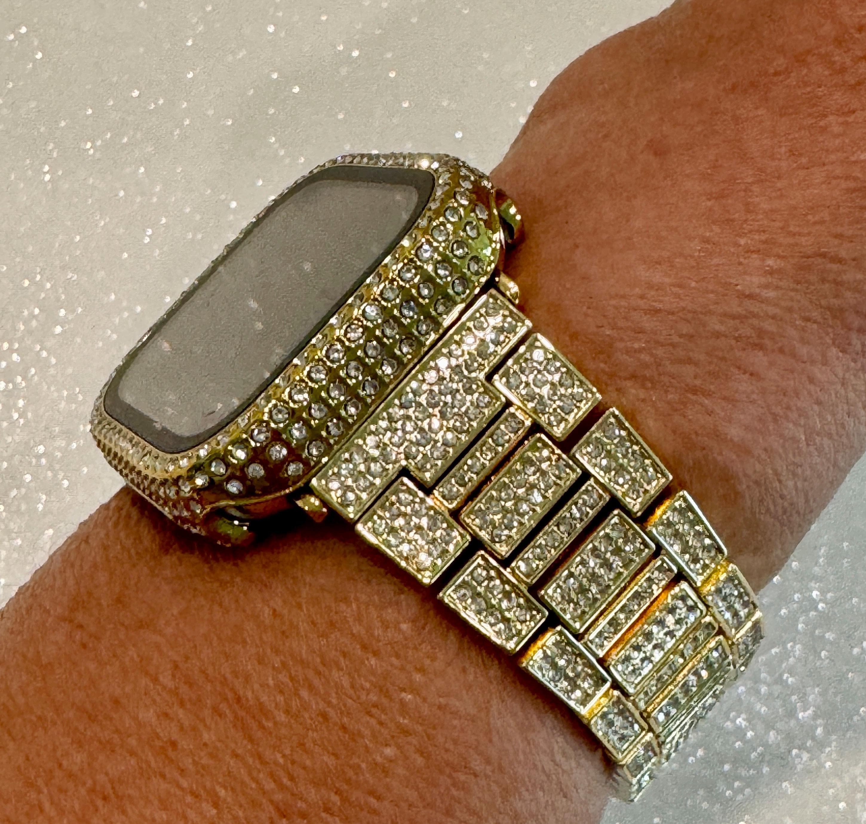 Series 10 Apple Watch Band Gold Stainless Steel Swarovski Crystal & or Apple Watch Cover Tempered Glass Screen Protector Iwatch Case