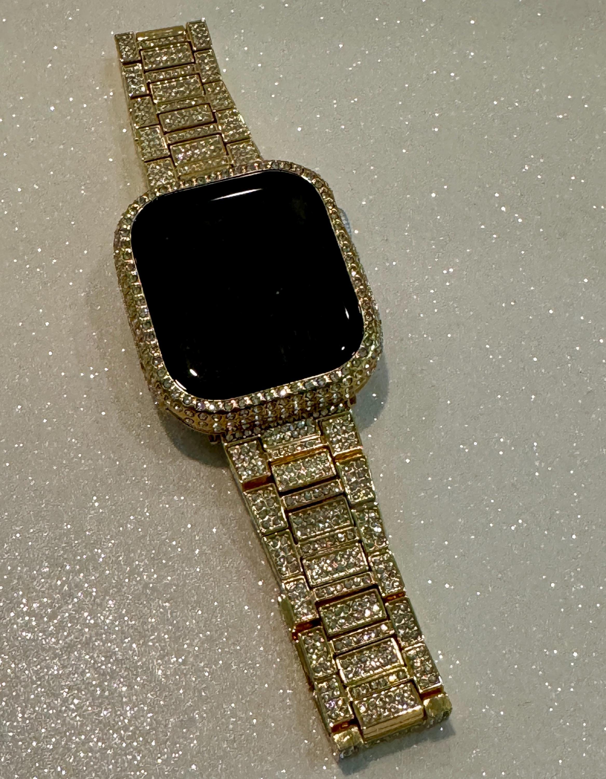 Series 10 Apple Watch Band Gold Stainless Steel Swarovski Crystal & or Apple Watch Cover Tempered Glass Screen Protector Iwatch Case