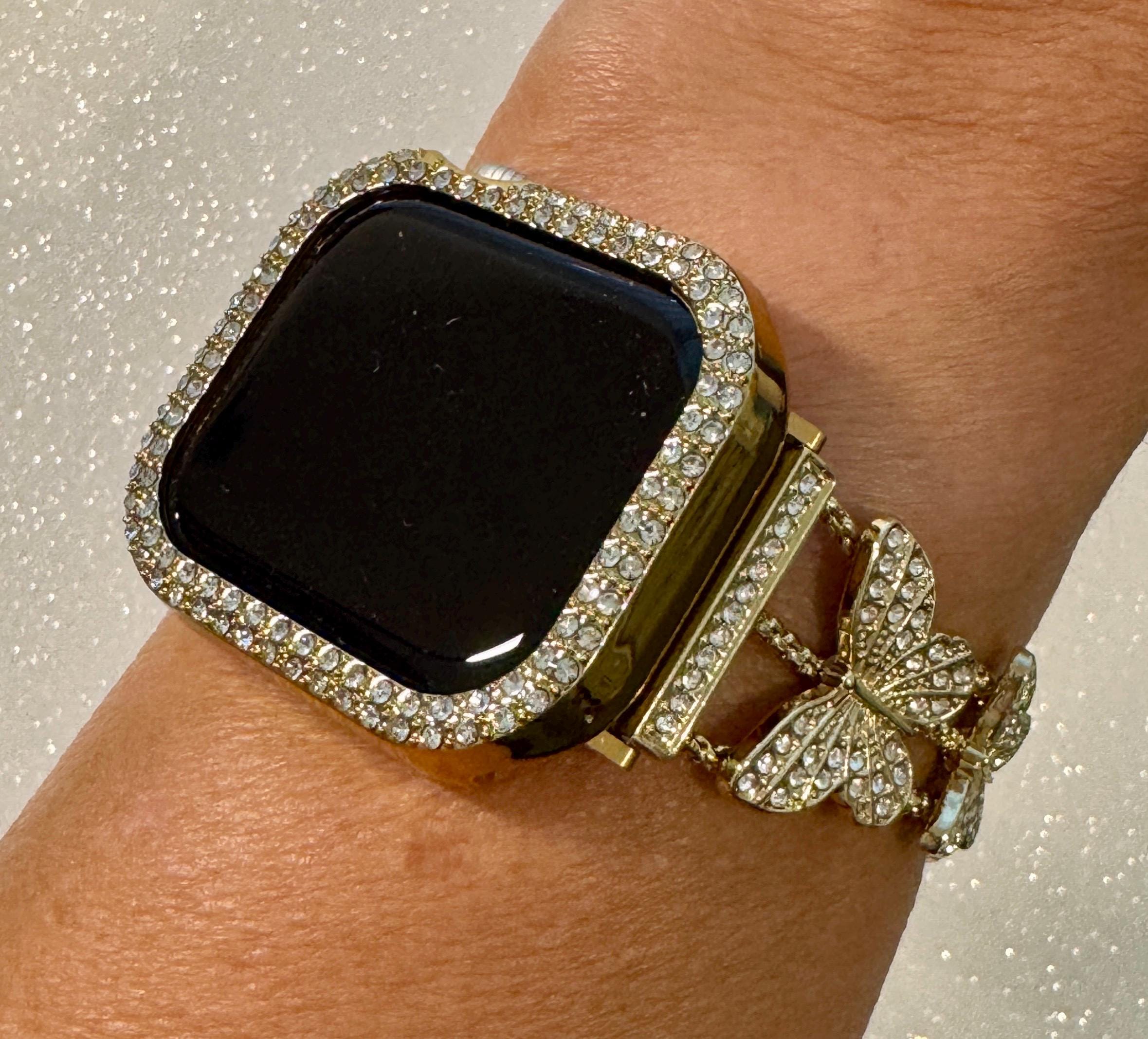 Butterfly Apple Watch Band Series 10 Woman Yellow Gold Swarovski Crystals & or Apple Watch Case Protective Iphone Watch Cover 38mm-49mm