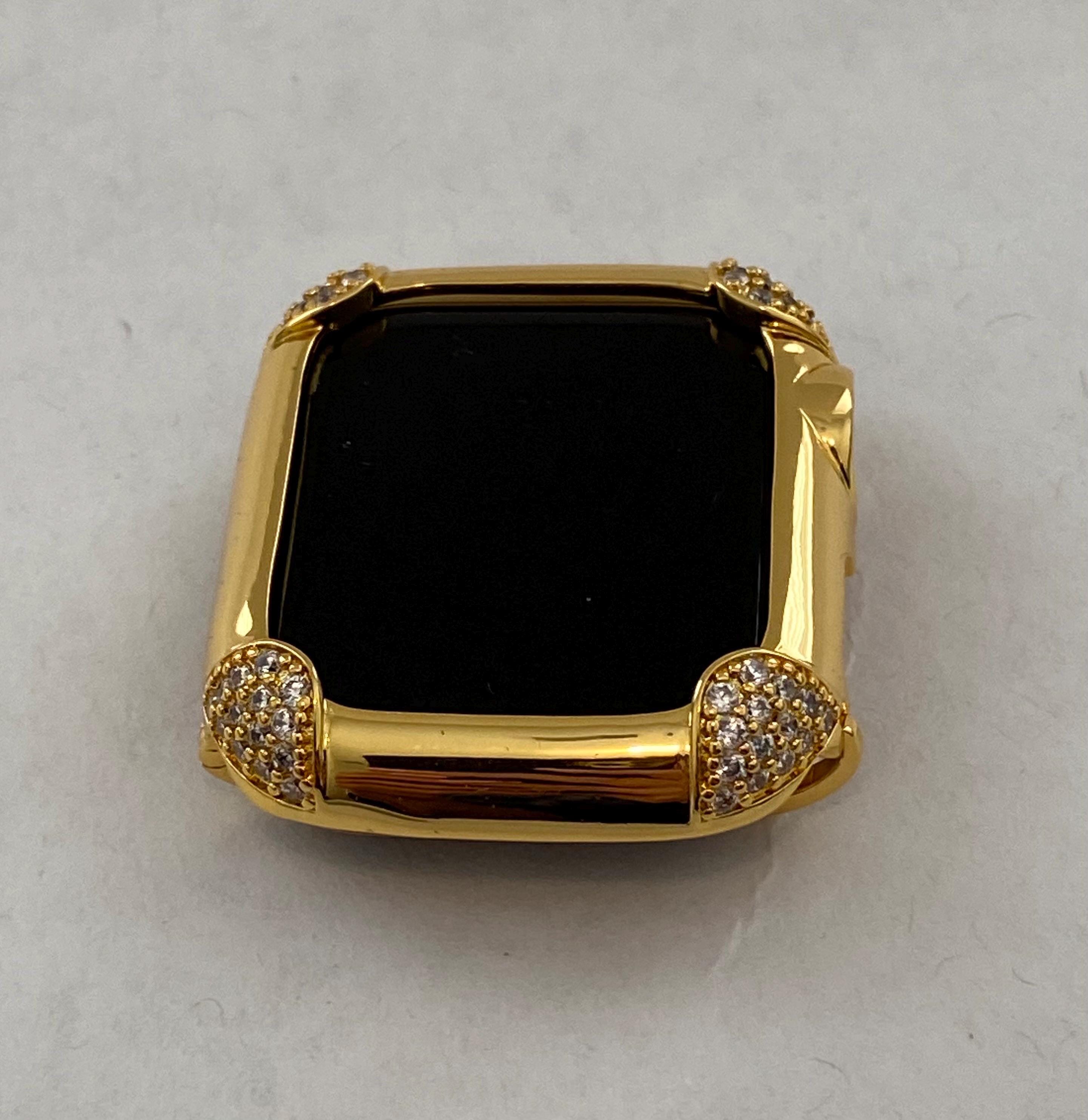 Apple Watch Bezel Cover Yellow Gold with Lab Diamonds Metal Iwatch Case for 40 44mm Custom Handmade Iphone Watch Case