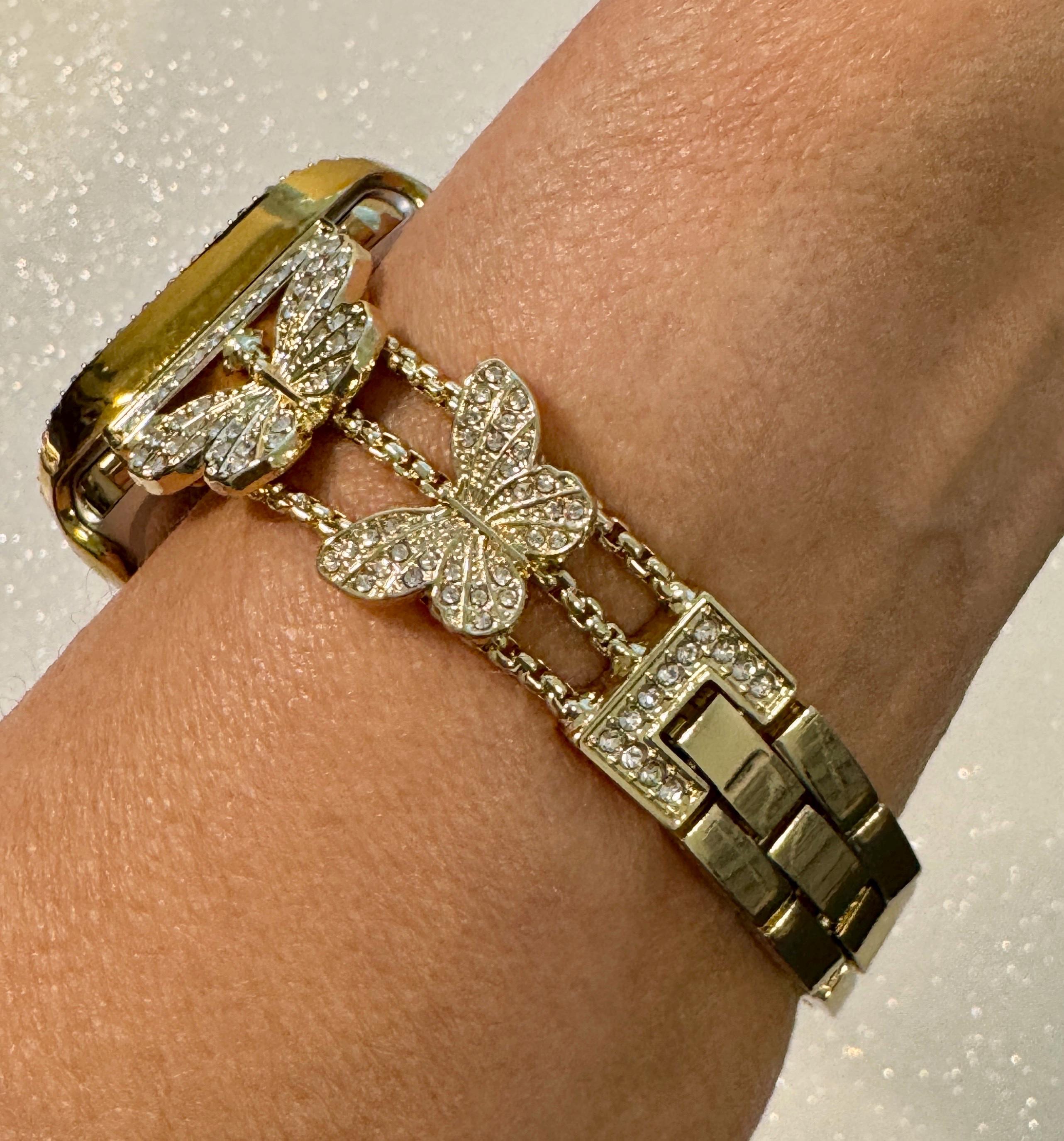 Butterfly Apple Watch Band Series 10 Woman Yellow Gold Swarovski Crystals & or Apple Watch Case Protective Iphone Watch Cover 38mm-49mm