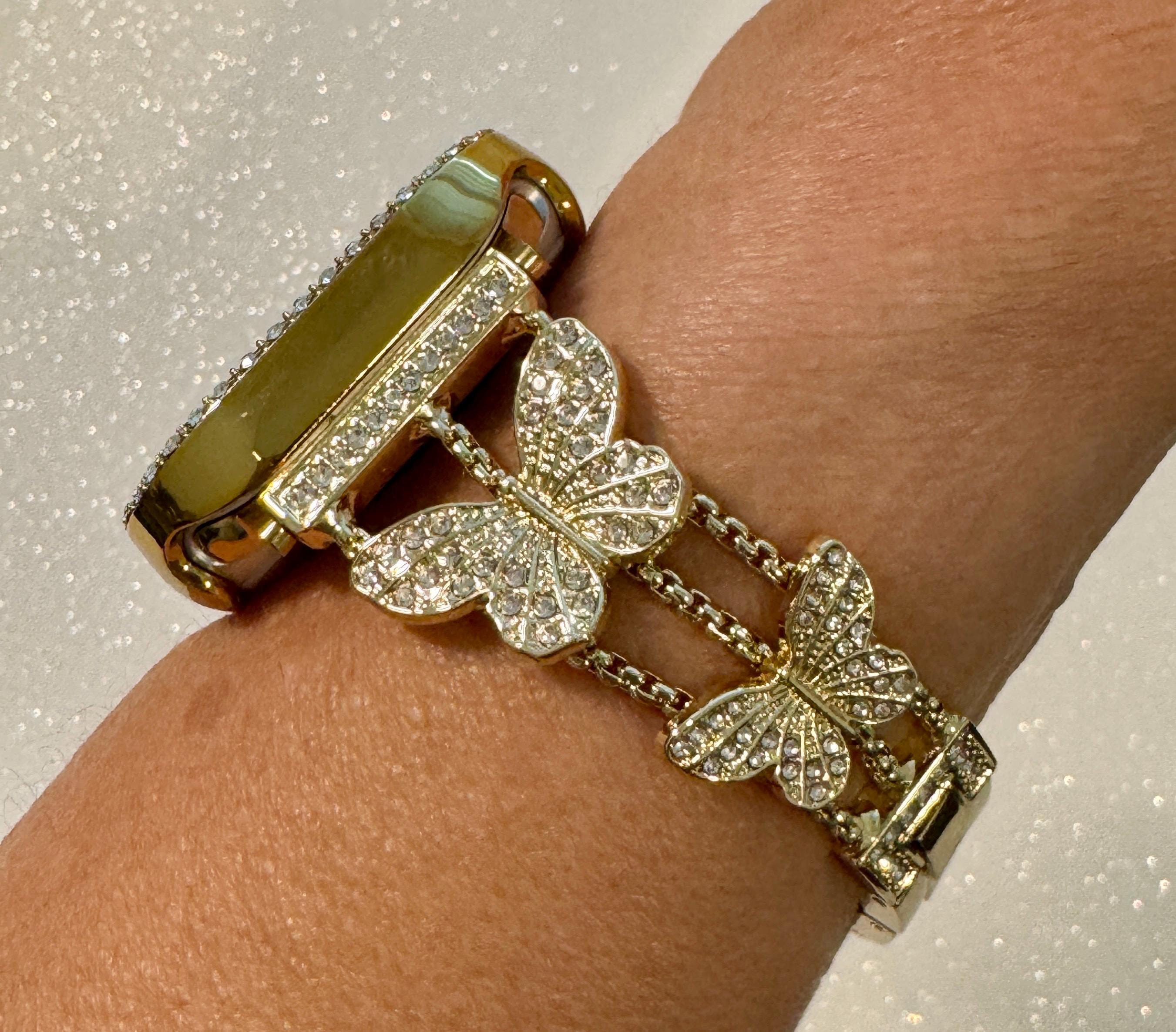 Butterfly Apple Watch Band Series 10 Woman Yellow Gold Swarovski Crystals & or Apple Watch Case Protective Iphone Watch Cover 38mm-49mm