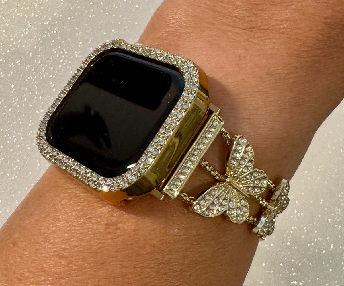 Series 10-11 Butterfly Apple Watch Band Woman Yellow Gold Swarovski Crystals & or Apple Watch Case Protective Iphone Watch Cover 38mm-49mm